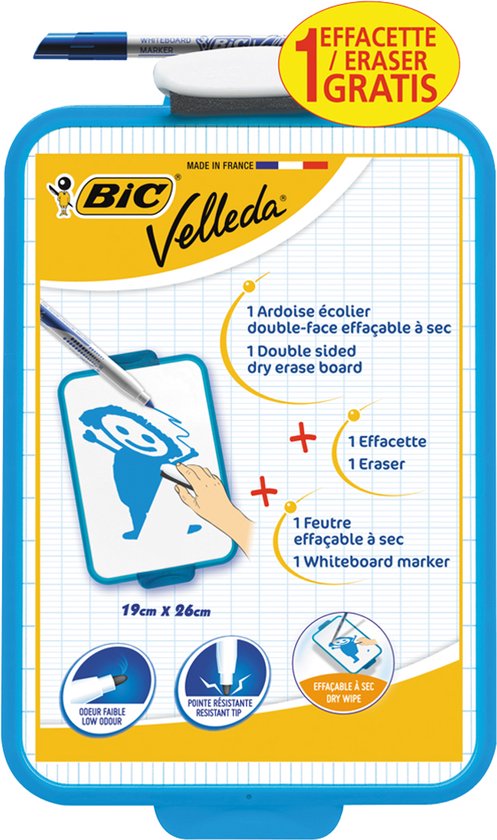 BIC Velleda Dubbelzijdig Droog uitwisbaar Bord - met Blauwe Whiteboard Marker en Wisser - Pack van 1 Stuk - 19 x 26 cm