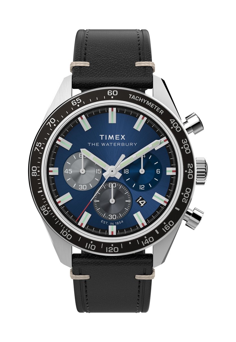 Timex Waterbury Traditional Chronograph Quartz Analoog Horloge Zwart Kast: 100% Roestvrij Staal | Armband: 100%Leer 41 TW2Y18600AJ, TW2Y19200AJ