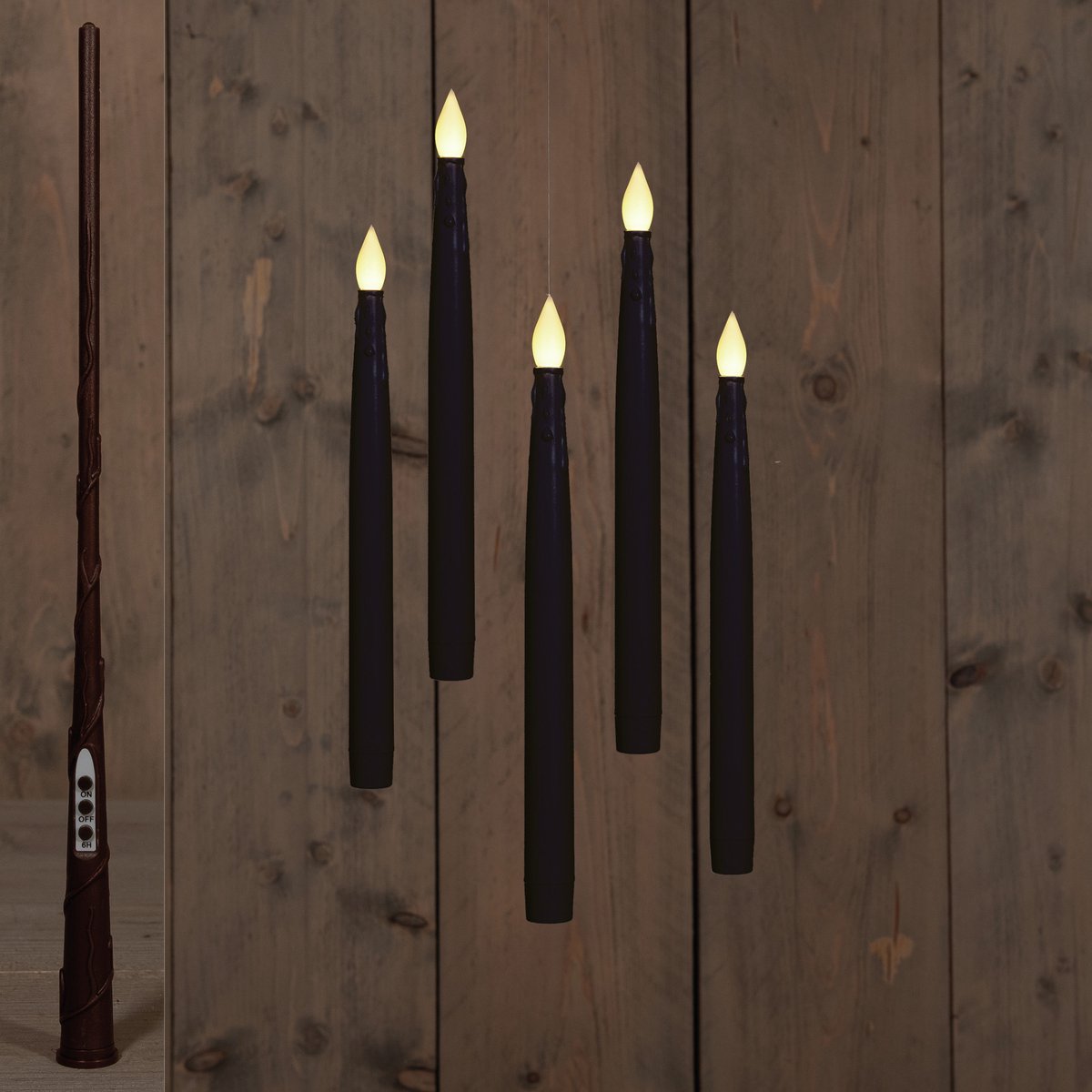 Anna's Collection Zwevende LED kaarsen - 5x stuks - zwart - 28 cm - magische toverstaf - afstandsbediening