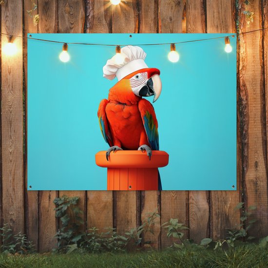 Tuinposter 160x120 cm - Tuindecoratie Ara - Koksmuts - Sokkel - Grappig - Poster voor in de tuin - Buiten decoratie - Schutting tuinschilderij - Tuindoek muurdecoratie - Wanddecoratie balkondoek