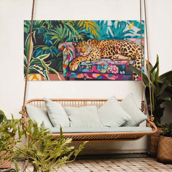 Affiche de jardin 160x80 cm - Décoration de jardin Léopard - Coloré - Tropical - Affiche pour le jardin - Décoration extérieure - Tableau de jardin clôture - Décoration murale sur toile de jardin - Décoration murale sur toile de balcon