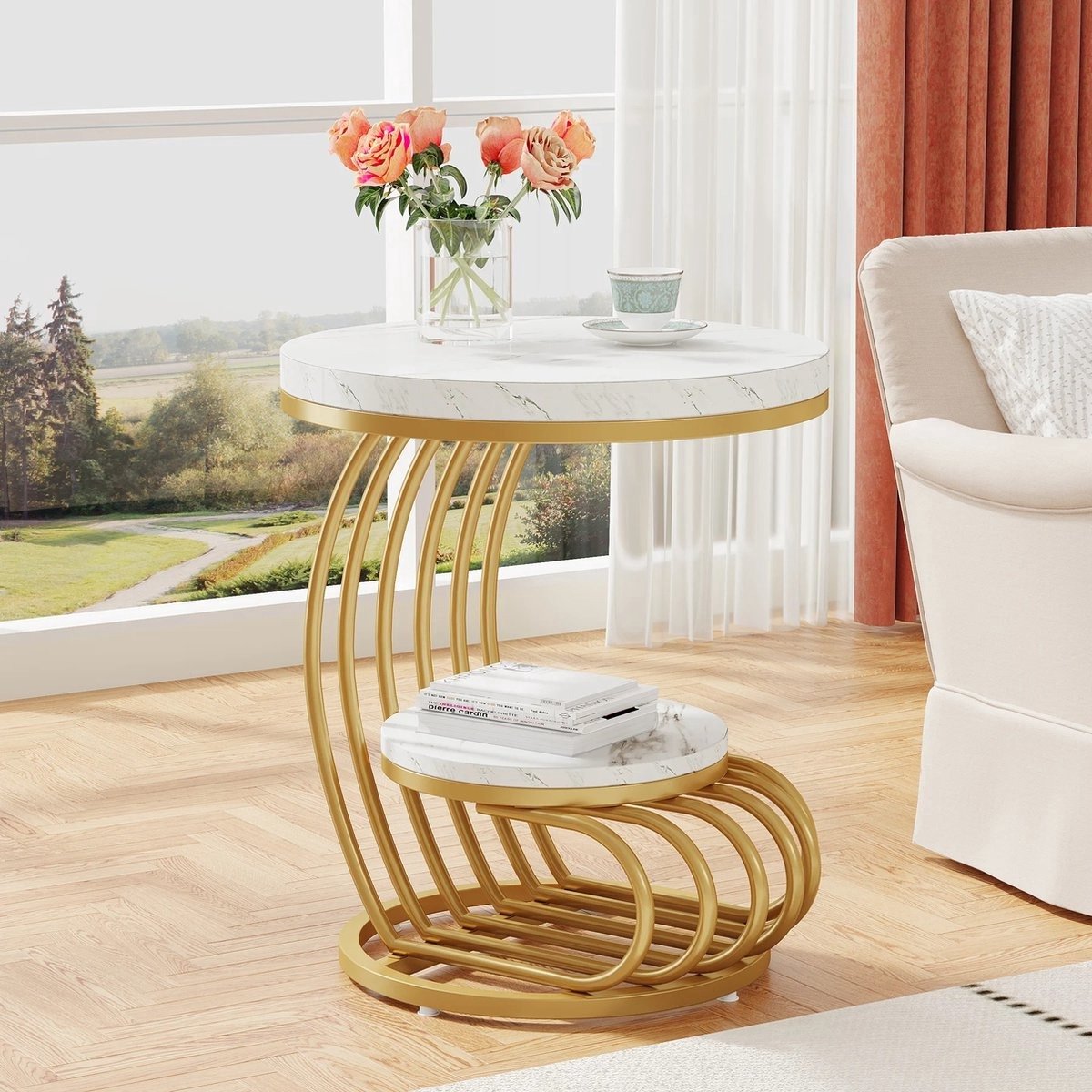 WNHB® Ronde bijzettafel wit goud - Marmeren look - 2 lagen met opbergruimte - Moderne bijzettafel - Nachtkastje woonkamer slaapkamer