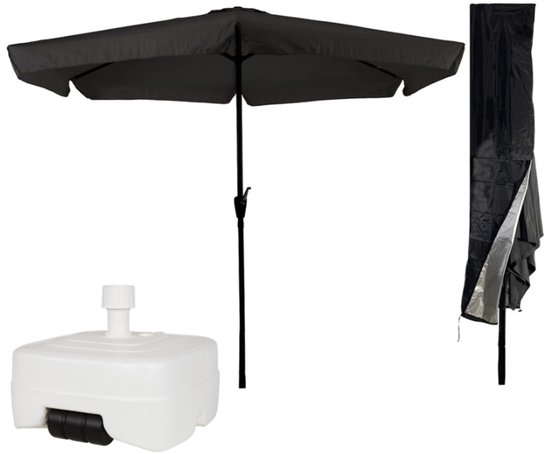 CUHOC Parasol 300 cm Zwart - Inclusief Witte Verrijdbare Vulbare Parasolvoet 40-60 kg + Redlabel Parasolhoes