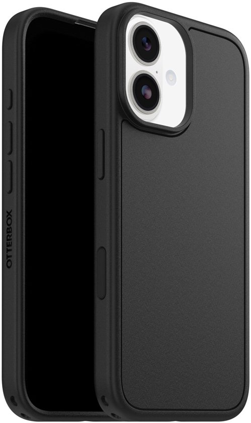 Zwarte OtterBox Symmetry hoes voor iPhone met zichtbare knoppen en dubbele camera-uitsparing.
