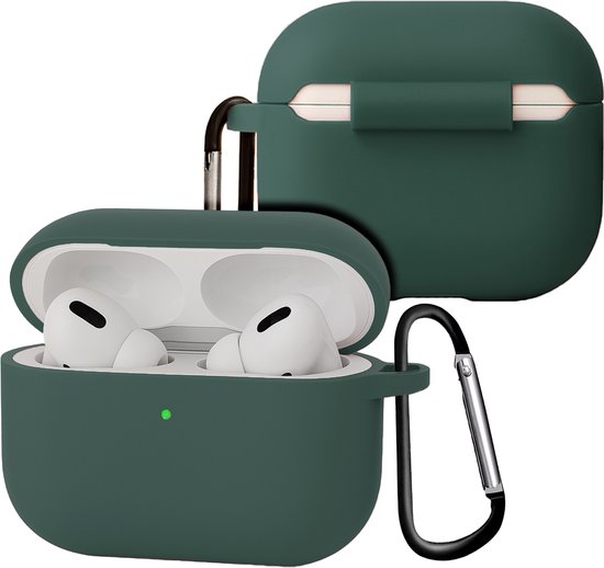 Case - Geschikt voor Apple Airpods Pro 3 - Siliconen Hoes met Clip - Silicone Hoesje Cover - Donkergroen