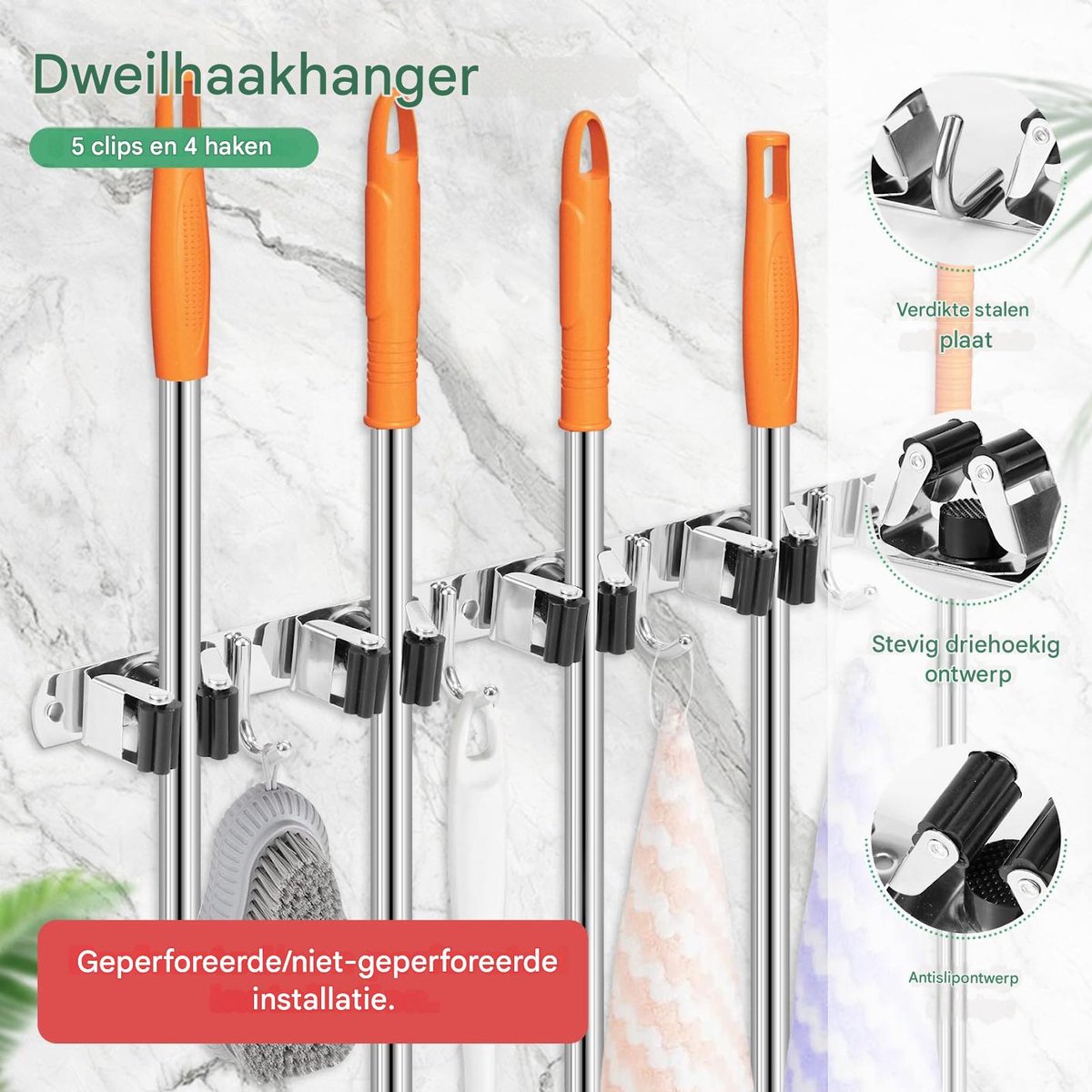 QTTVBTNA - Bezemhouder Wand – RVS 304 – Antislip Siliconen – Voor Bezem, Dweil & Tuingereedschap