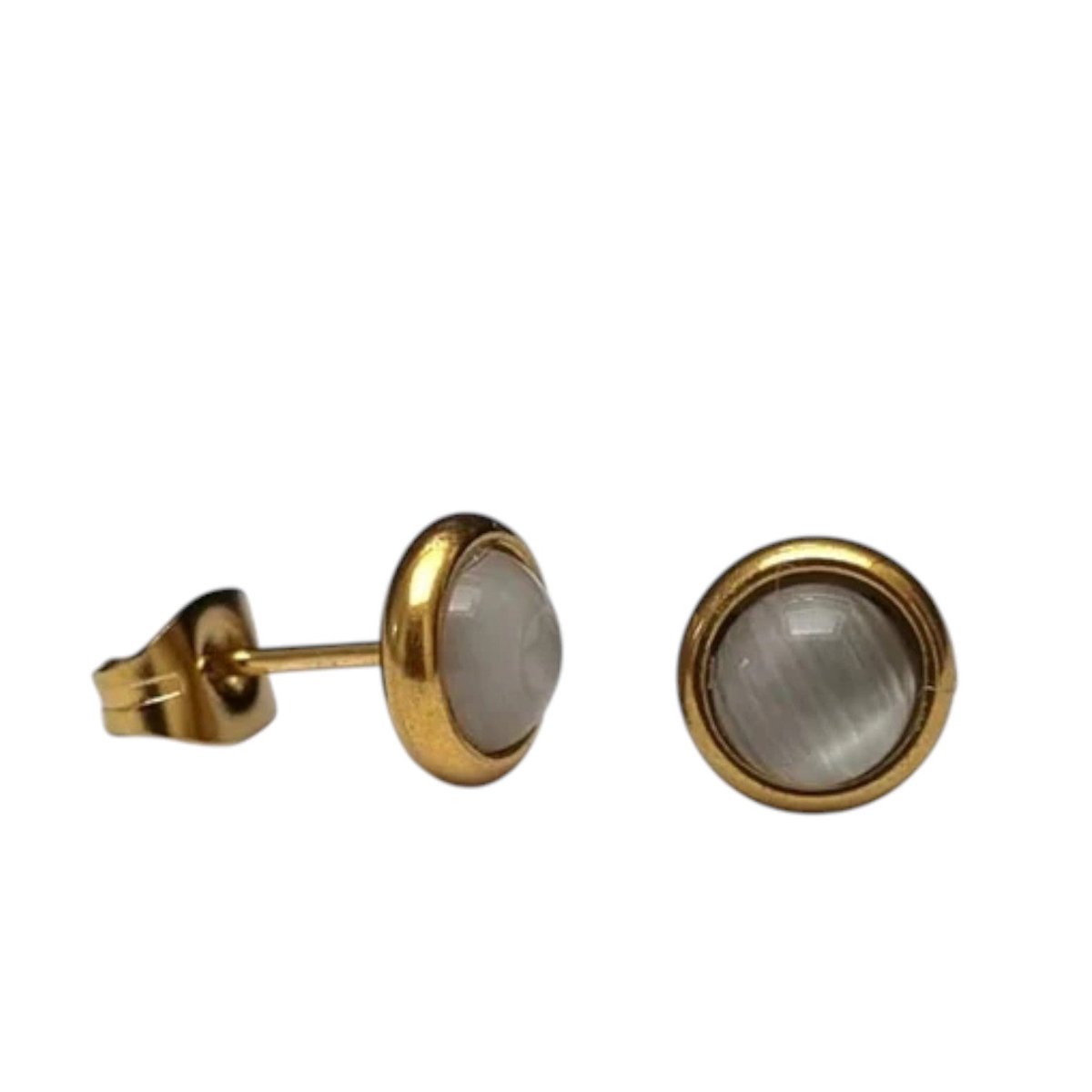 Aramat Jewels | Oorbellen | Kattenoog Oorbellen 8mm – Wit - Goudkleurig | | | |8mm | Staal | Kinderen, Volwassenen | Verkleurd niet