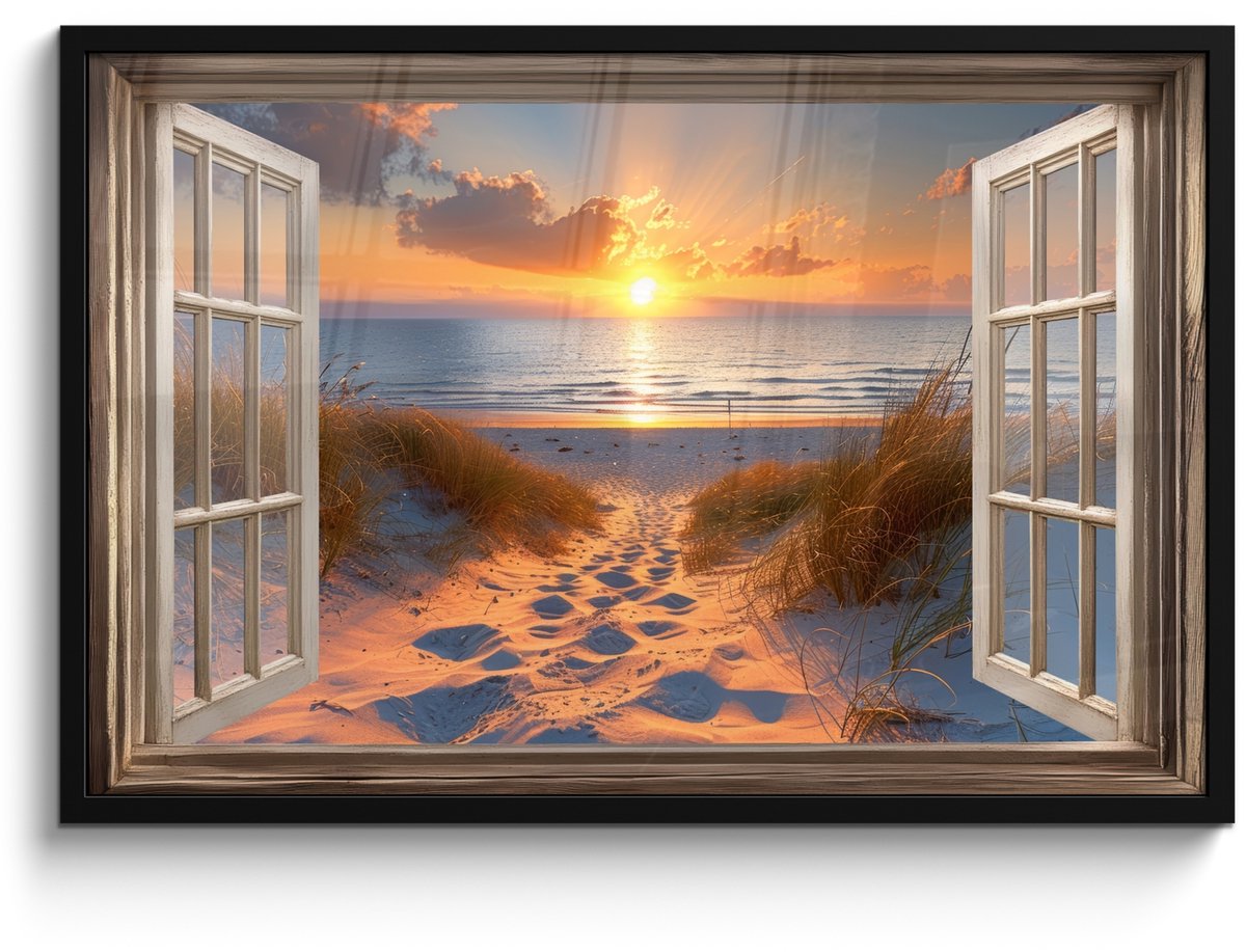 FrameYourWall Poster in lijst - Fotolijst 90x60 cm - Posters - Doorkijk - Strand - Duinen - Zonsondergang - Posterlijst zwart - Decoratie - Wanddecoratie woonkamer - Muurdecoratie slaapkamer Zonsondergang - Duinen
