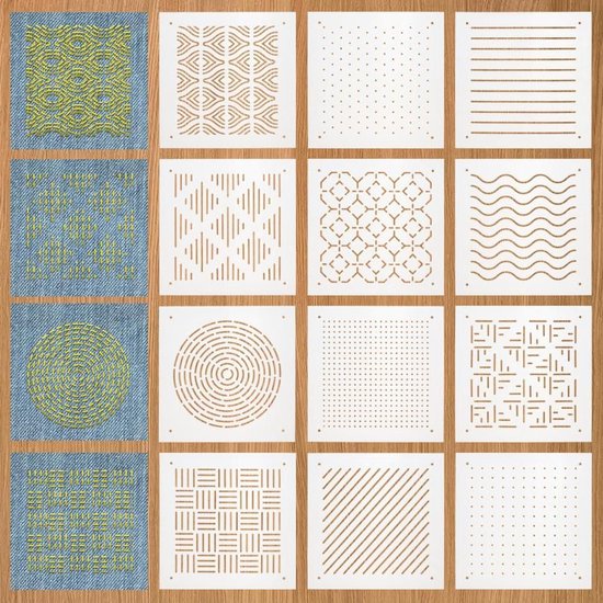 Set de pochoirs Sashiko - 12 pièces, 13x13cm, points, lignes, vagues, barres obliques : Matelassage et Broderie - Pochoir pour l'artisanat - Outils de broderie traditionnels - 0,3 mm d'épaisseur - Motifs.