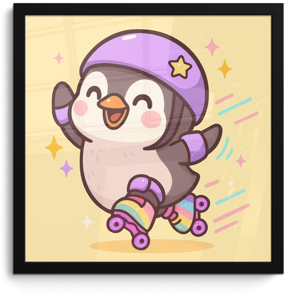 FrameYourWall Poster in lijst - Fotolijst 40x40 cm - Posters - Pinguïn - Rolschaatsen - Geel - Energiek - Posterlijst zwart - Decoratie - Wanddecoratie woonkamer - Muurdecoratie slaapkamer
