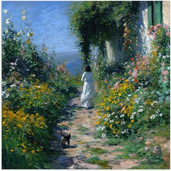 Poster 75x75 cm - Kat - Vrouw - Bloemen - Huis - Posters - Kamer decoratie - Wanddecoratie woonkamer - Muurdecoratie slaapkamer
