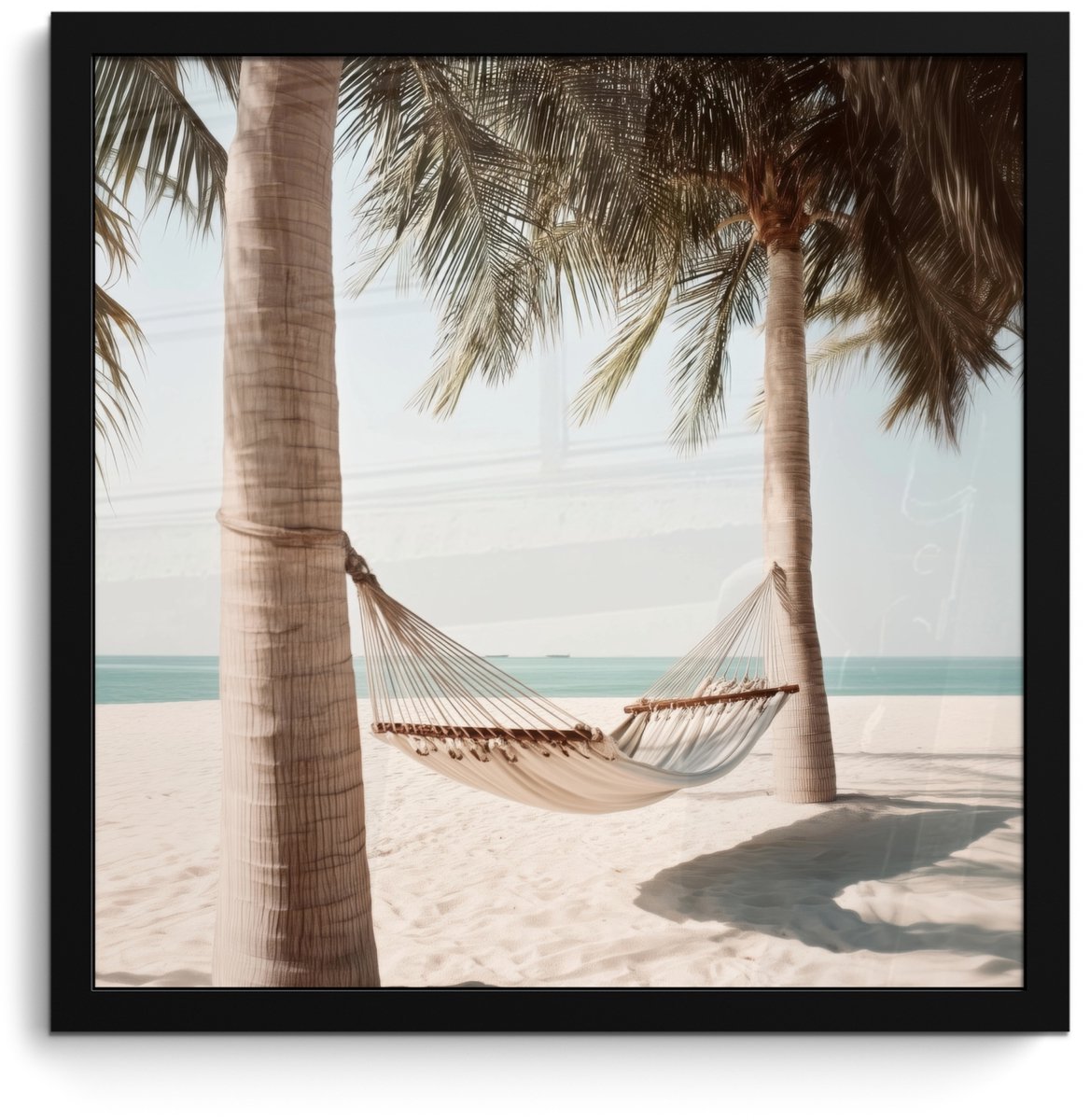 FrameYourWall Poster in lijst - Fotolijst 40x40 cm - Posters - Hangmat - Palmbomen - Strand - Zee - Posterlijst zwart - Decoratie - Wanddecoratie woonkamer - Muurdecoratie slaapkamer