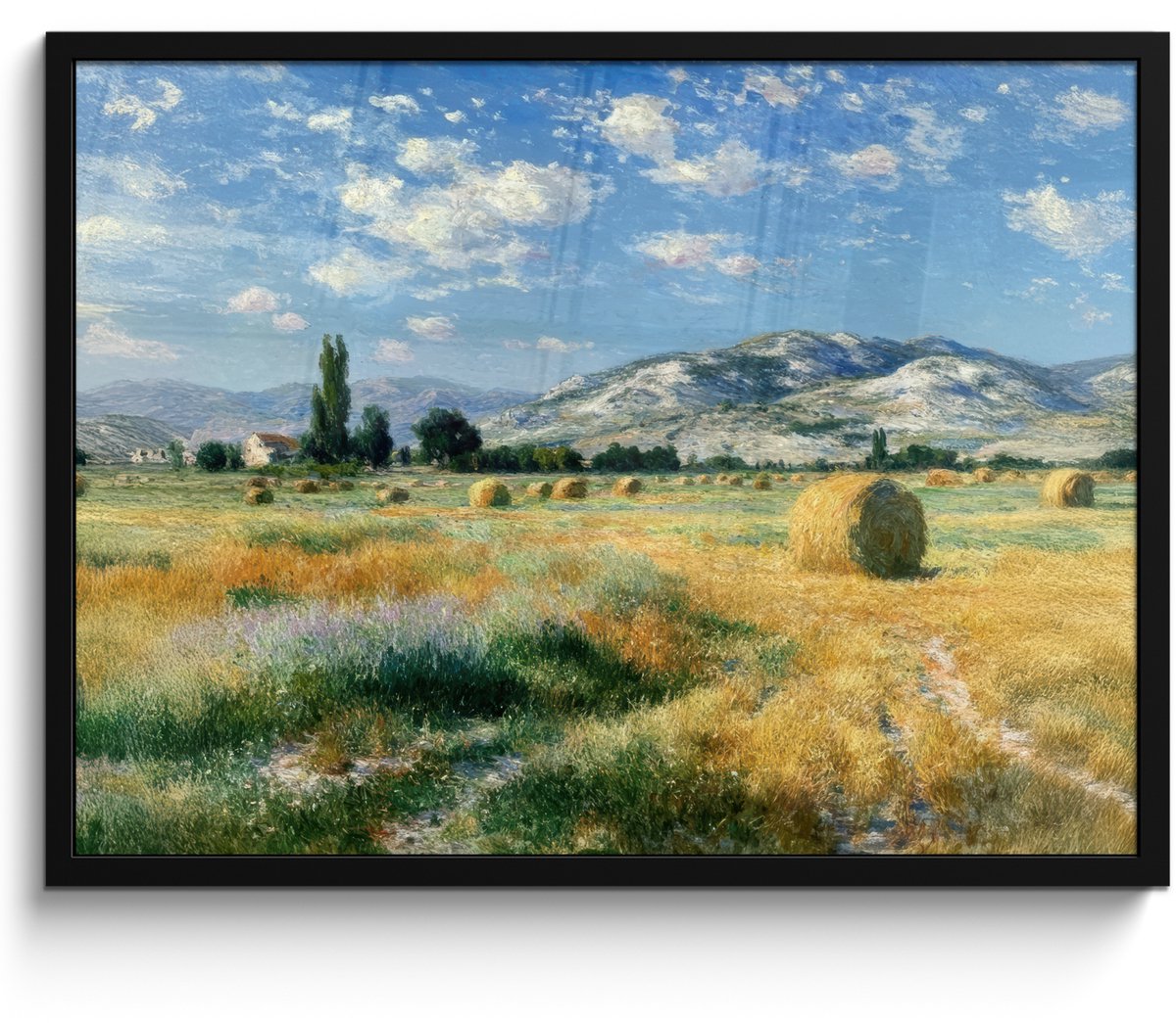 FrameYourWall Poster in lijst - Fotolijst 80x60 cm - Posters - Landschap - Strobalen - Bergen - Wolken - Posterlijst zwart - Decoratie - Wanddecoratie woonkamer - Muurdecoratie slaapkamer