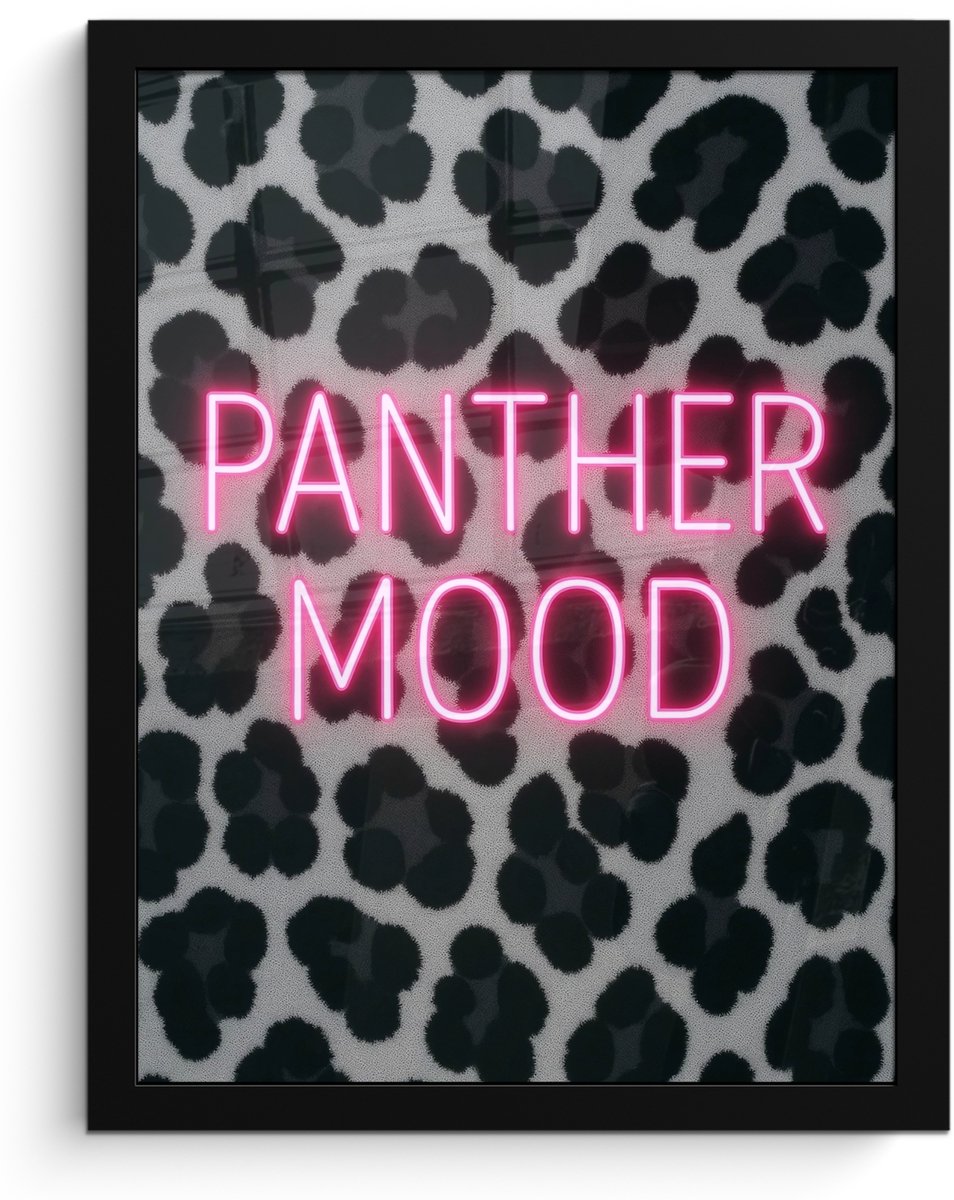 FrameYourWall Poster in lijst - Fotolijst 30x40 cm - Posters - Panterprint - Zwart - Neonletters - Roze - Posterlijst zwart - Decoratie - Wanddecoratie woonkamer - Muurdecoratie slaapkamer Panterprint - Tekst