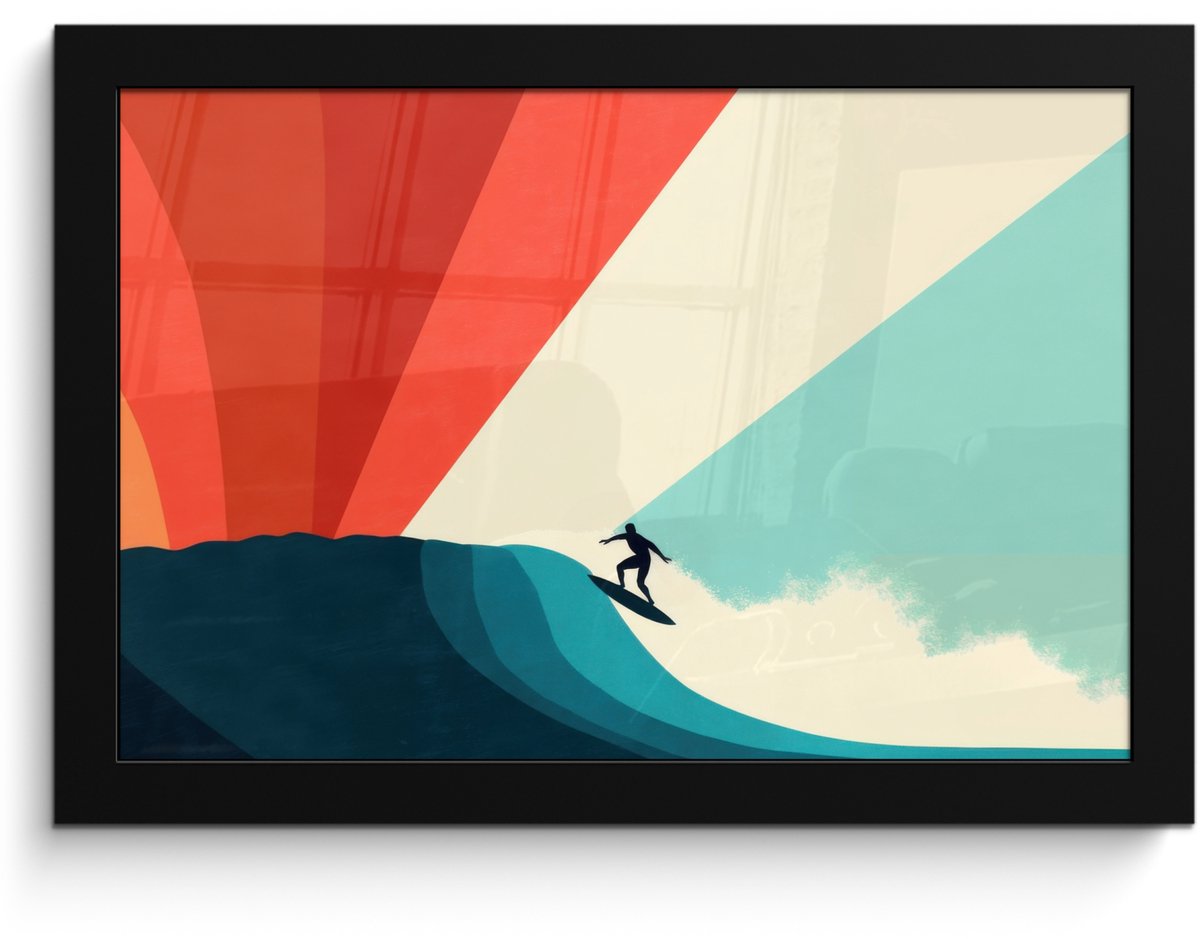 FrameYourWall Poster in lijst - Fotolijst 30x20 cm - Posters - Surfer - Abstract - Golven - Zonnestralen - Posterlijst zwart - Decoratie - Wanddecoratie woonkamer - Muurdecoratie slaapkamer - Kerstversiering - Kerstdecoratie voor binnen - Kerstmis
