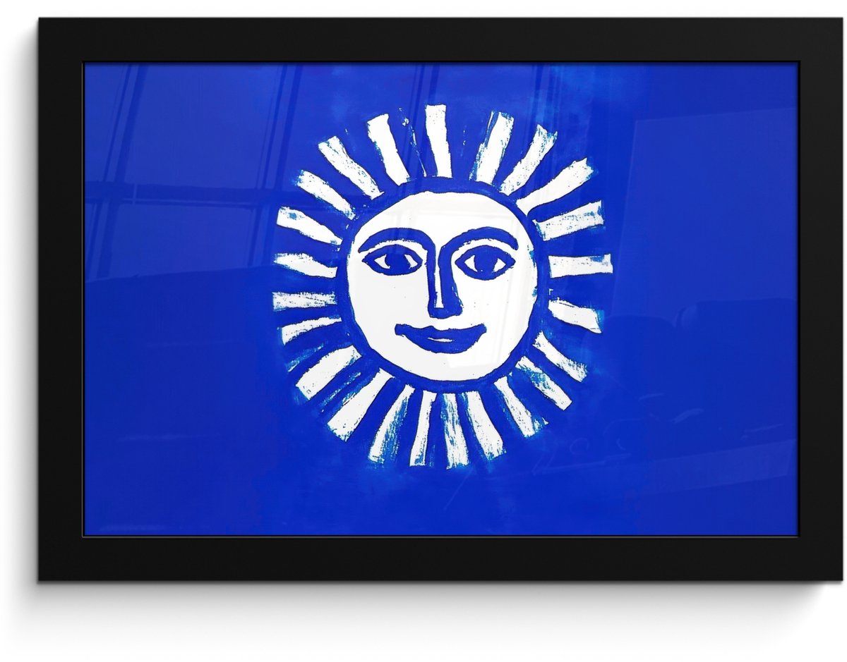 FrameYourWall Poster in lijst - Fotolijst 30x20 cm - Posters - Zon - Gezicht - Penseelstructuur - Blauw - Posterlijst zwart - Decoratie - Wanddecoratie woonkamer - Muurdecoratie slaapkamer