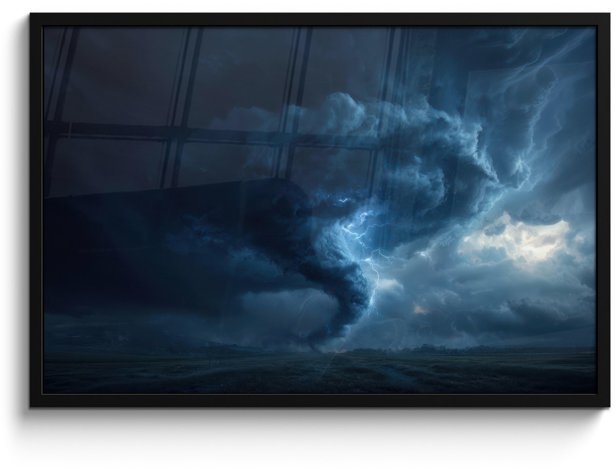 FrameYourWall Poster in lijst - Fotolijst 90x60 cm - Posters - Tornado - Duister - Wolken - Posterlijst zwart - Decoratie - Wanddecoratie woonkamer - Muurdecoratie slaapkamer Tornado - Bliksem