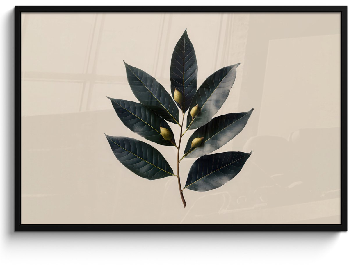 FrameYourWall Poster in lijst - Fotolijst 120x80 cm - Posters - Laurierbladeren - Bloemknoppen - subtiel - Posterlijst zwart - Decoratie - Wanddecoratie woonkamer - Muurdecoratie slaapkamer