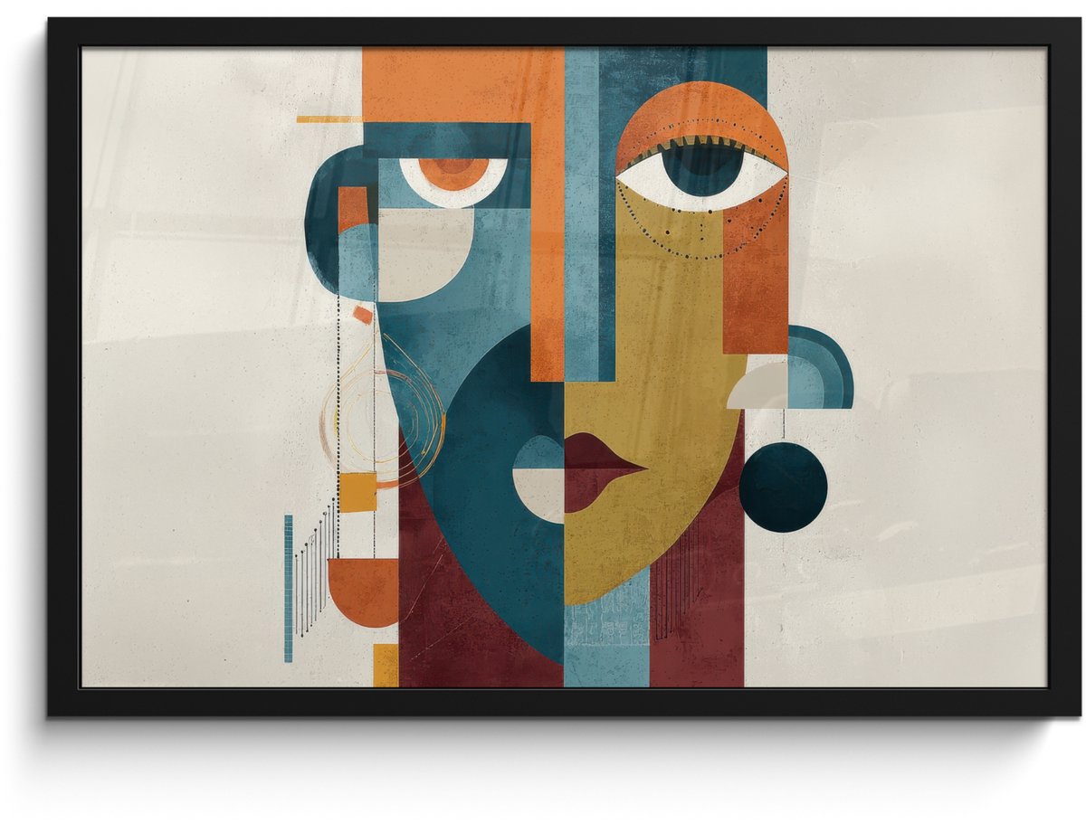 FrameYourWall Poster in lijst - Fotolijst 60x40 cm - Posters - Geometrisch - Strakke vormen - Kleurrijk - Posterlijst zwart - Decoratie - Wanddecoratie woonkamer - Muurdecoratie slaapkamer Geometrisch - Vormen - Gezicht