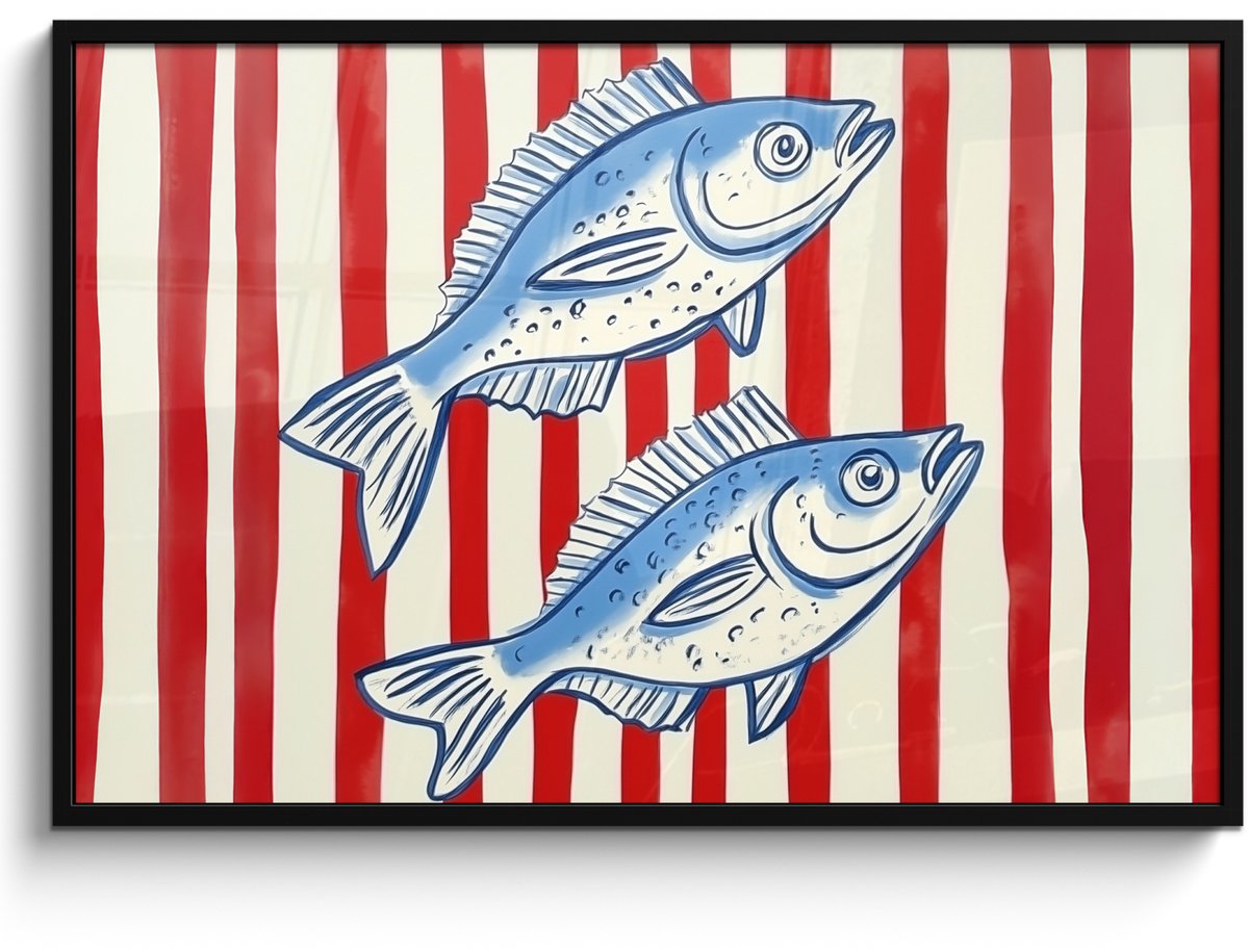 FrameYourWall Poster in lijst - Fotolijst 120x80 cm - Posters - Vissen - Verticale strepen - Blauw - Rood - Posterlijst zwart - Decoratie - Wanddecoratie woonkamer - Muurdecoratie slaapkamer Vissen - Strepen