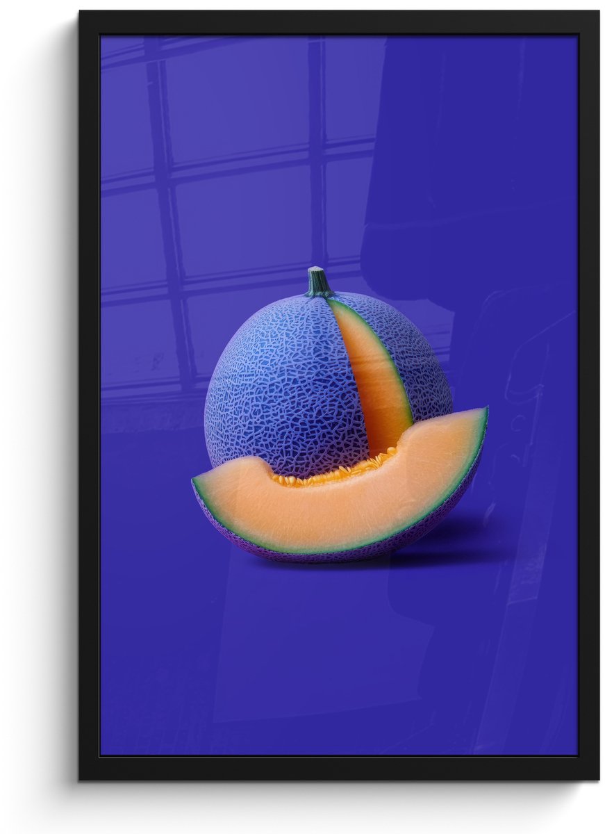 FrameYourWall Poster in lijst - Fotolijst 40x60 cm - Posters - Meloen - Blauw - Oranje - Kunstzinnig - Posterlijst zwart - Decoratie - Wanddecoratie woonkamer - Muurdecoratie slaapkamer