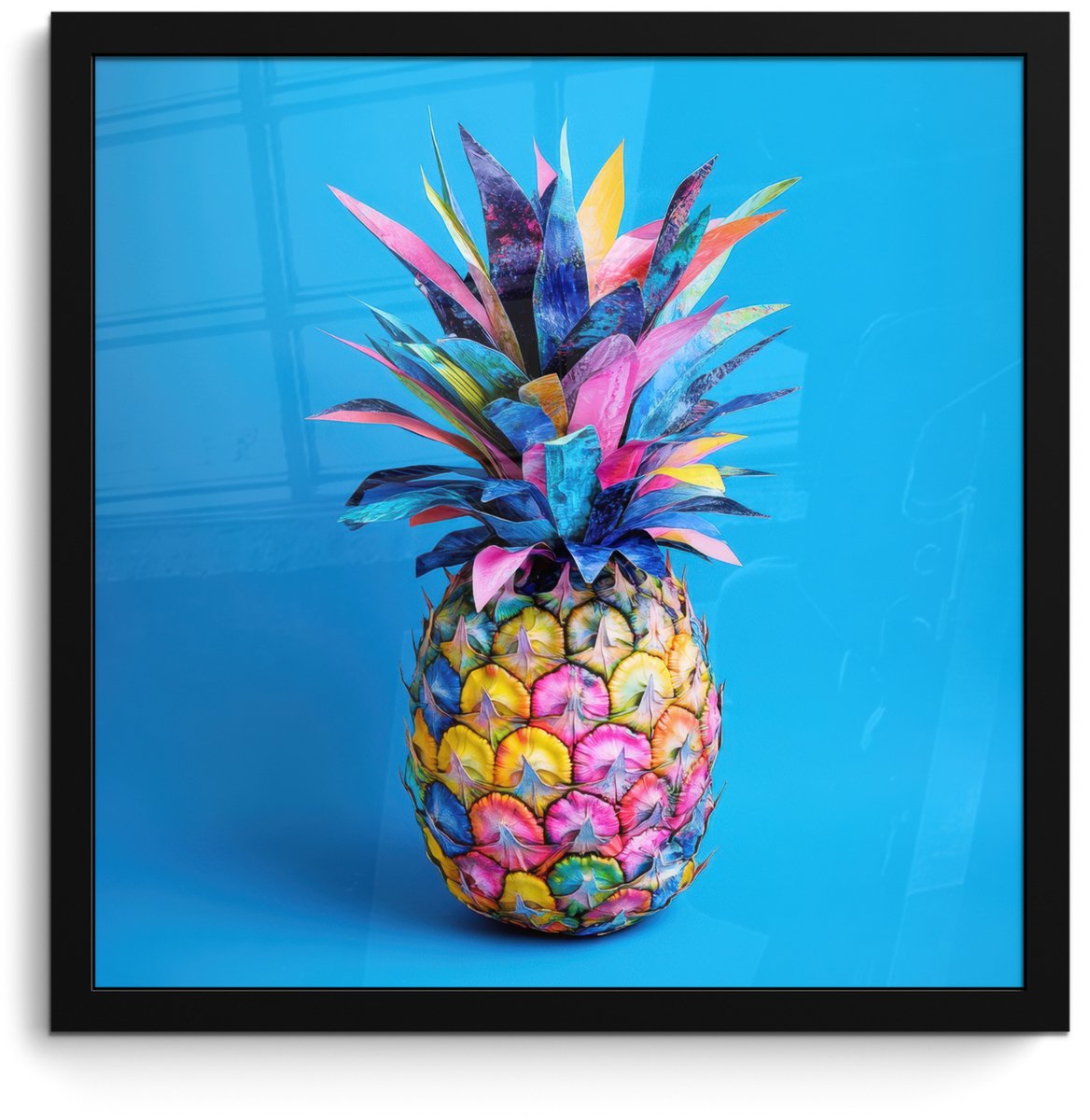 FrameYourWall Poster in lijst - Fotolijst 40x40 cm - Posters - Ananas - Blauw - Tropisch - Vrolijk - Posterlijst zwart - Decoratie - Wanddecoratie woonkamer - Muurdecoratie slaapkamer Ananas - Tropisch