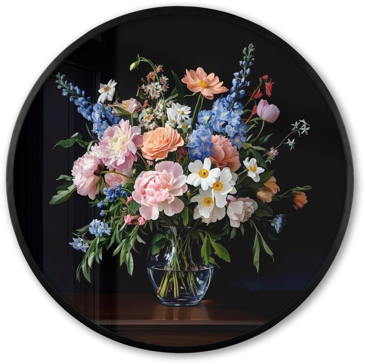 FrameYourWall Poster in lijst Rond - Fotolijst 80x80 cm - Posters - Pastel - Bloemen - Glazen - Vaas - Ronde posterlijst zwart - Decoratie - Wanddecoratie woonkamer - Muurdecoratie slaapkamer Bloemen - Pastel