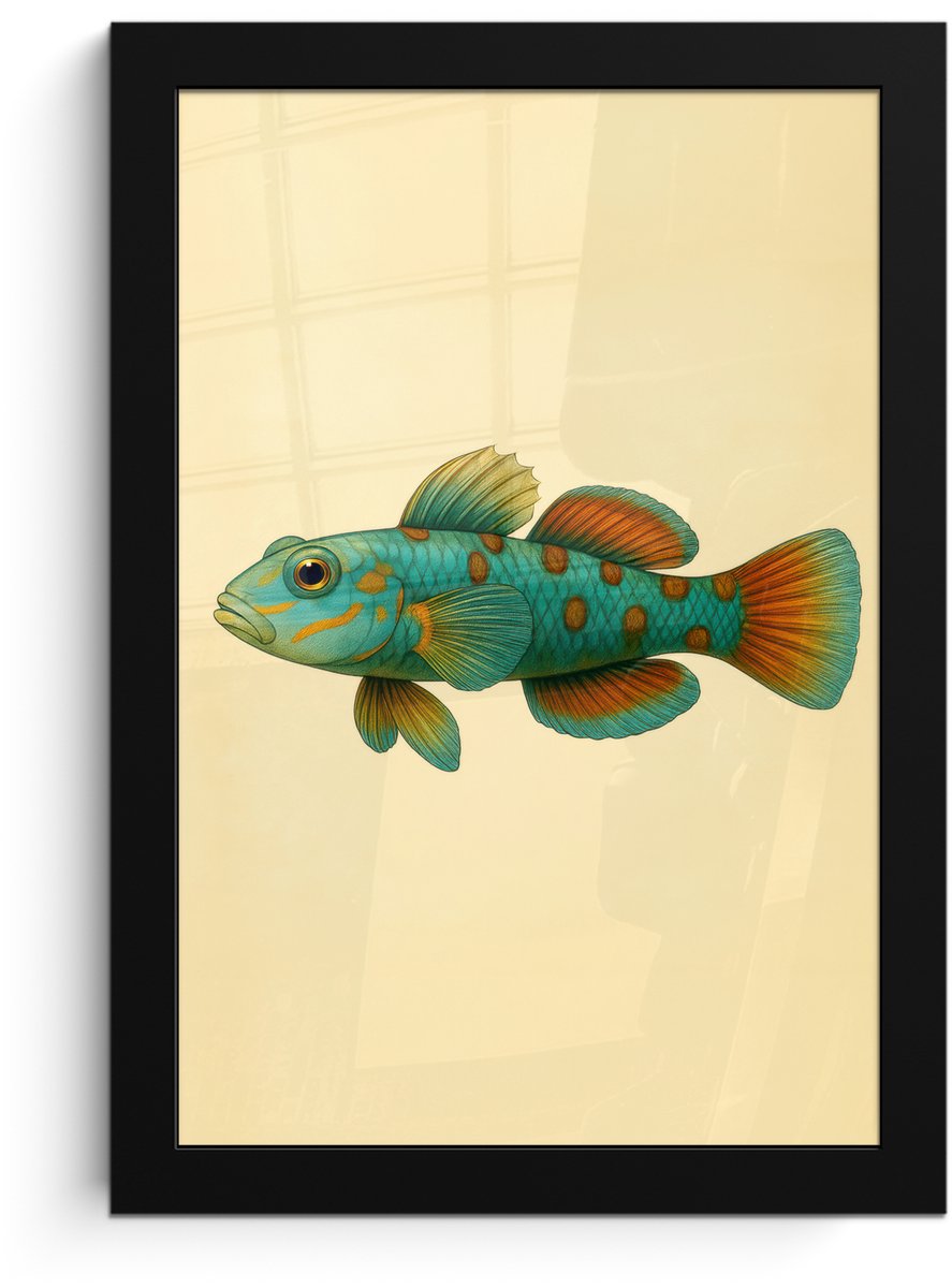 FrameYourWall Poster in lijst - Fotolijst 20x30 cm - Posters - Vis - Blauw - Stippen - Schubben - Posterlijst zwart - Decoratie - Wanddecoratie woonkamer - Muurdecoratie slaapkamer Vis - Stippen