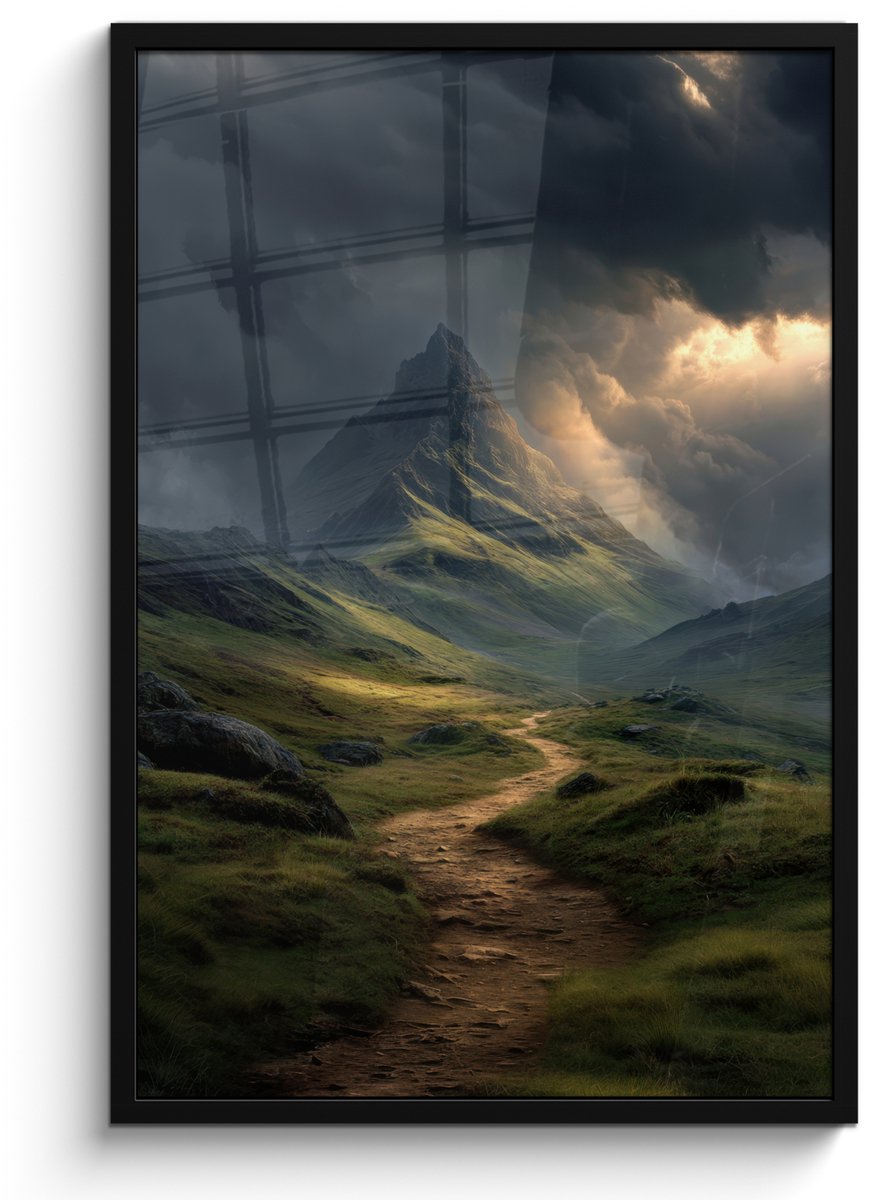 FrameYourWall Poster in lijst - Fotolijst 60x90 cm - Posters - Bergen - Kronkelpad - Groen - Wolken - Posterlijst zwart - Decoratie - Wanddecoratie woonkamer - Muurdecoratie slaapkamer Bergen - Pad - Wolken