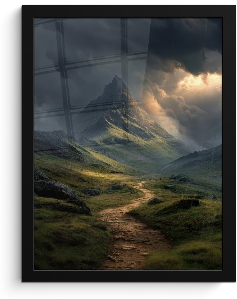 FrameYourWall Poster in lijst - Fotolijst 30x40 cm - Posters - Bergen - Kronkelpad - Groen - Wolken - Posterlijst zwart - Decoratie - Wanddecoratie woonkamer - Muurdecoratie slaapkamer Bergen - Pad - Wolken