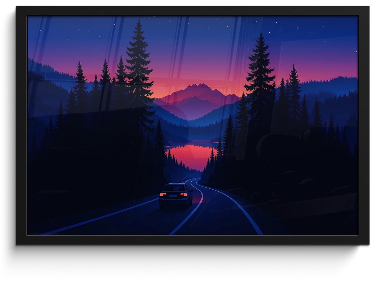 FrameYourWall Poster in lijst - Fotolijst 60x40 cm - Posters - Auto - Donkere dennenbomen - Zonsondergang - Posterlijst zwart - Decoratie - Wanddecoratie woonkamer - Muurdecoratie slaapkamer Auto - Dennenbomen - Zonsondergang