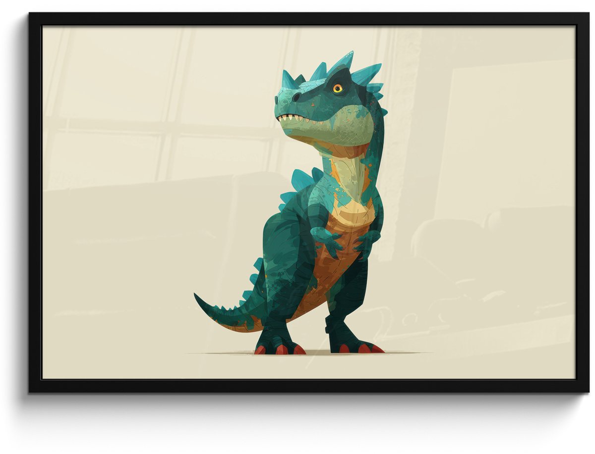 FrameYourWall Poster in lijst - Fotolijst 90x60 cm - Posters - Stekels - Dino - Blauw - Gespierd - Posterlijst zwart - Decoratie - Wanddecoratie woonkamer - Muurdecoratie slaapkamer
