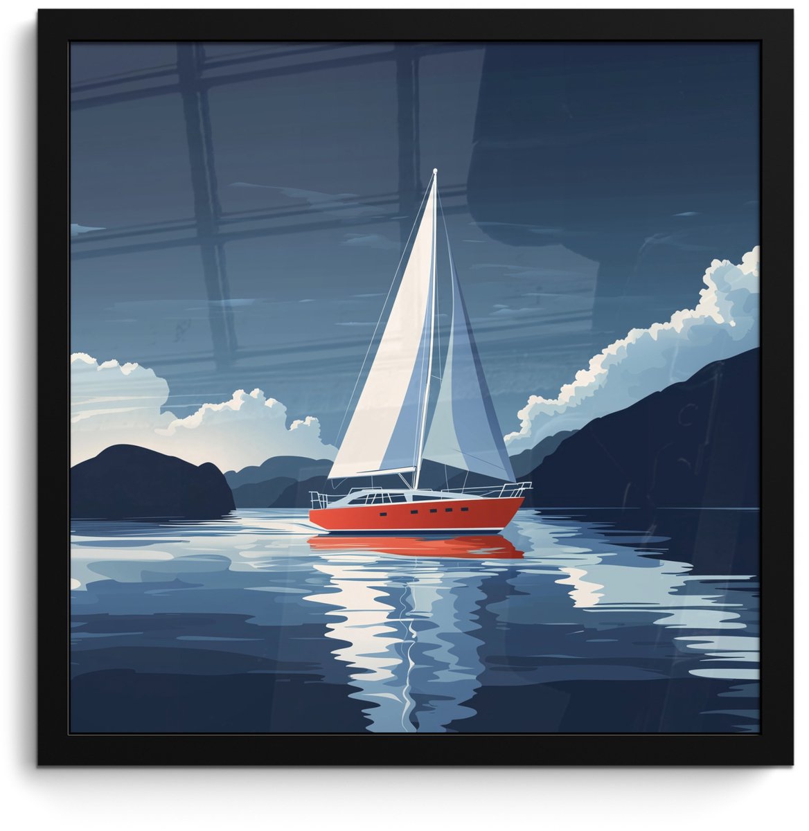 FrameYourWall Poster in lijst - Fotolijst 40x40 cm - Posters - Zeilboot - Donkere bergen - Stilte - Posterlijst zwart - Decoratie - Wanddecoratie woonkamer - Muurdecoratie slaapkamer Zeilboot - Wolken