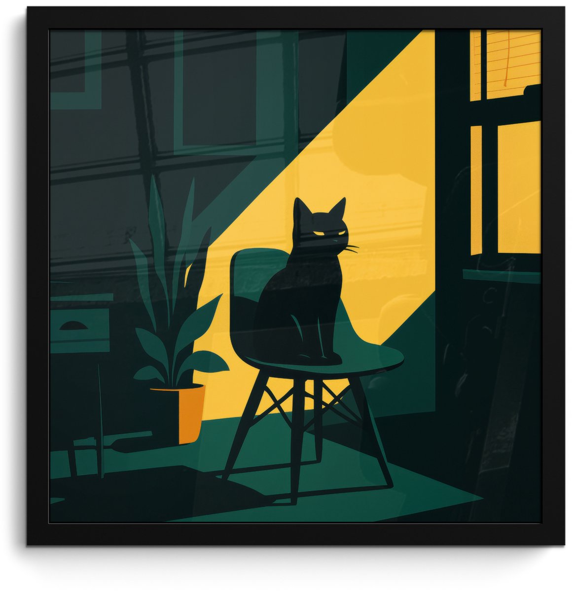 FrameYourWall Poster in lijst - Fotolijst 40x40 cm - Posters - Zwarte kat - Mysterieus - Gele instraal - Posterlijst zwart - Decoratie - Wanddecoratie woonkamer - Muurdecoratie slaapkamer