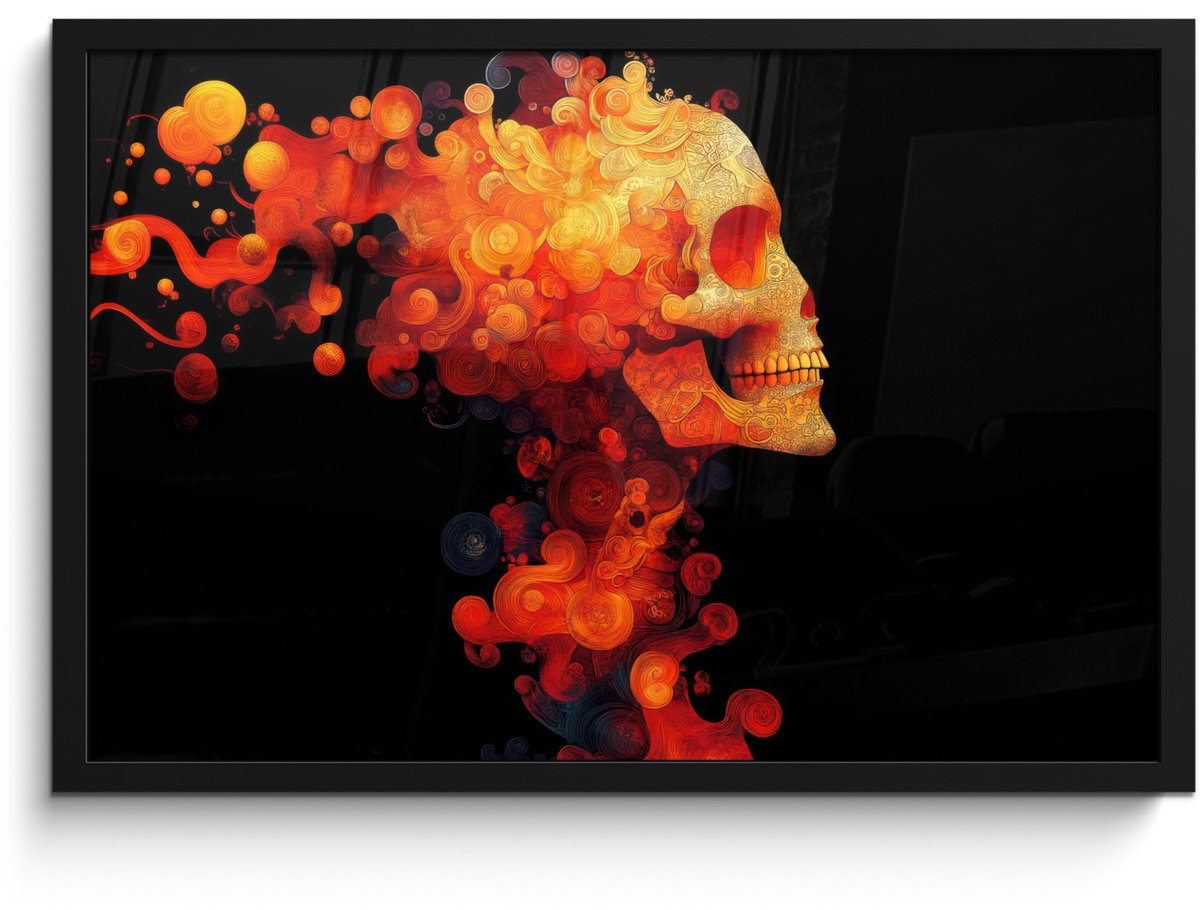 FrameYourWall Poster in lijst - Fotolijst 60x40 cm - Posters - Schedel - Oranje - Zijaanzicht - Vlammen - Posterlijst zwart - Decoratie - Wanddecoratie woonkamer - Muurdecoratie slaapkamer Schedel - Vlammen