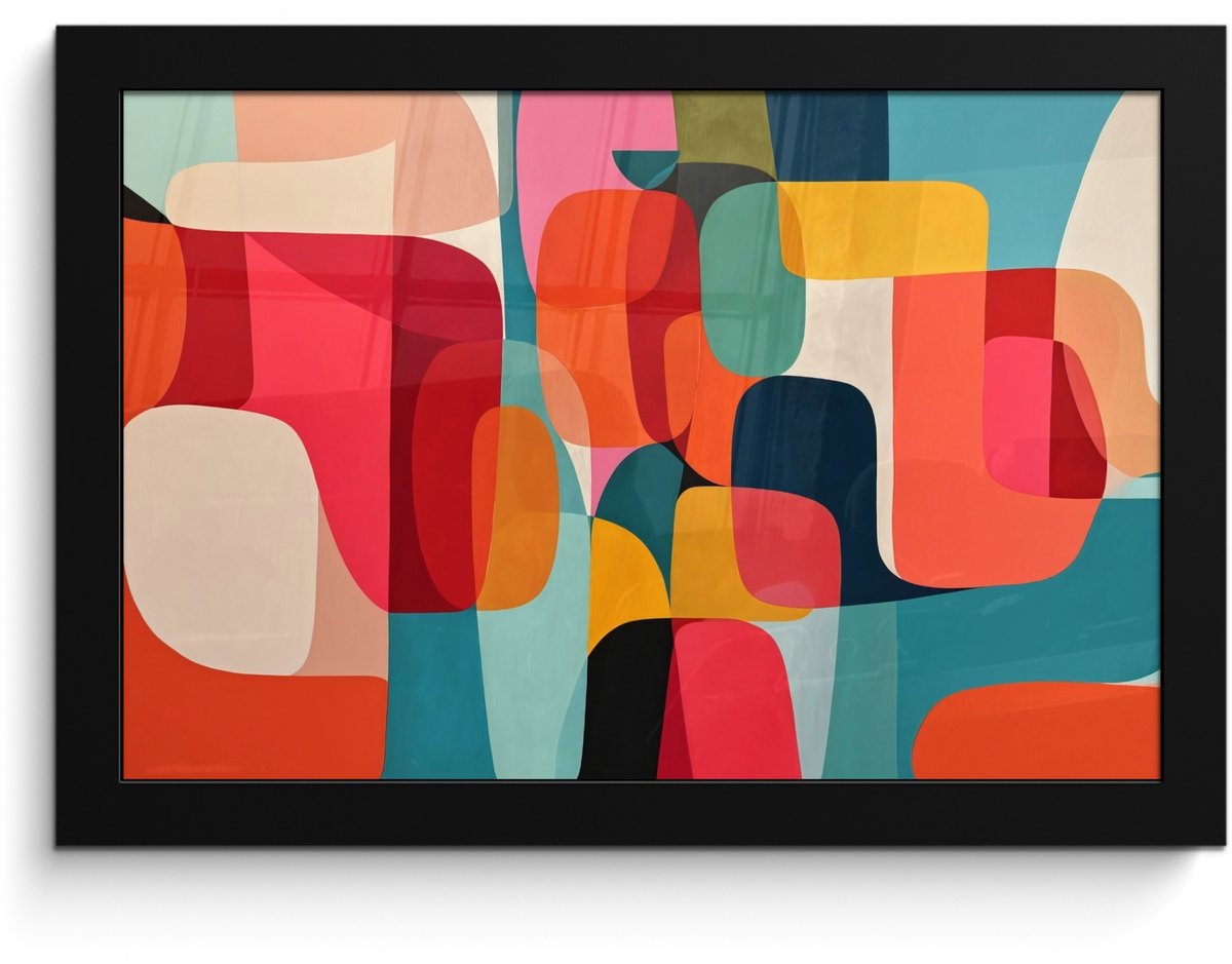 FrameYourWall Poster in lijst - Fotolijst 30x20 cm - Posters - Vormen - Kleurrijk - Abstract - Vlakken - Posterlijst zwart - Decoratie - Wanddecoratie woonkamer - Muurdecoratie slaapkamer Kleurbanen - Verticaal - Kleurrijk