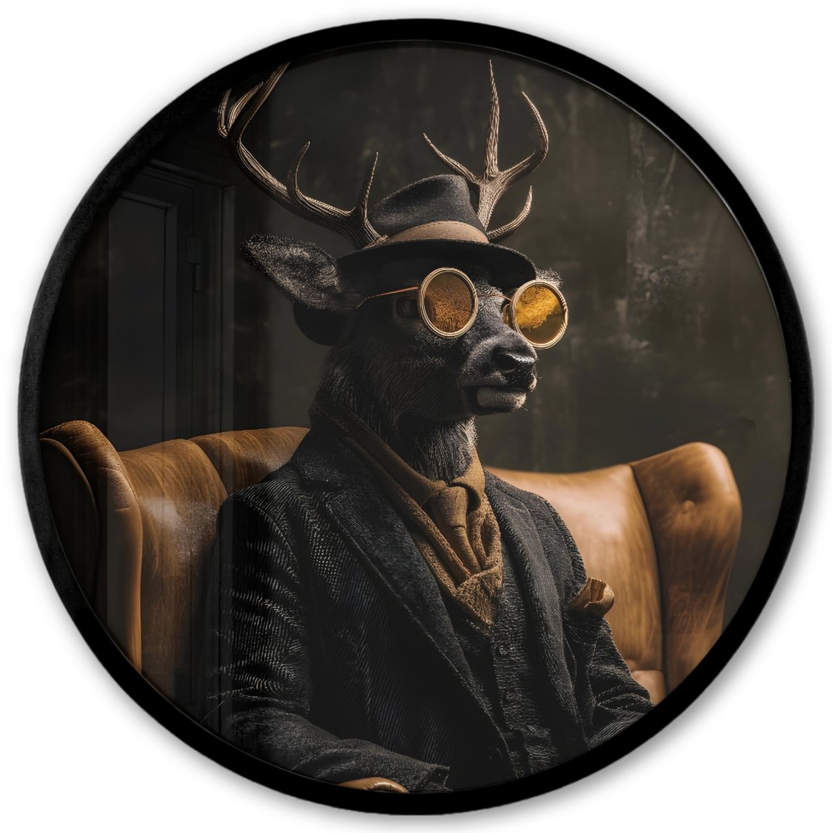 FrameYourWall Poster in lijst Rond - Fotolijst 40x40 cm - Posters - Hert - Zonnebril - Zwart - Pak - Ronde posterlijst zwart - Decoratie - Wanddecoratie woonkamer - Muurdecoratie slaapkamer Beer - Hoed