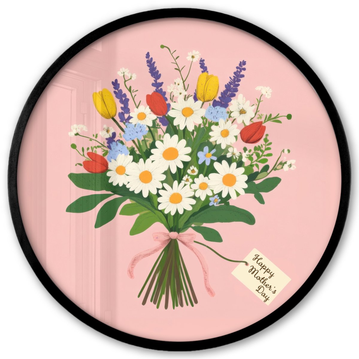 FrameYourWall Poster in lijst Rond - Fotolijst 40x40 cm - Posters - Bloemen - Lint - Kaartje - Ronde posterlijst zwart - Decoratie - Wanddecoratie woonkamer - Muurdecoratie slaapkamer Bloemen - Kaartje