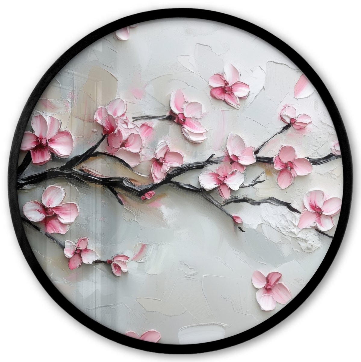 FrameYourWall Poster in lijst Rond - Fotolijst 40x40 cm - Posters - Bloesem - Kunstzinnig - Roze - Sakura - Ronde posterlijst zwart - Decoratie - Wanddecoratie woonkamer - Muurdecoratie slaapkamer