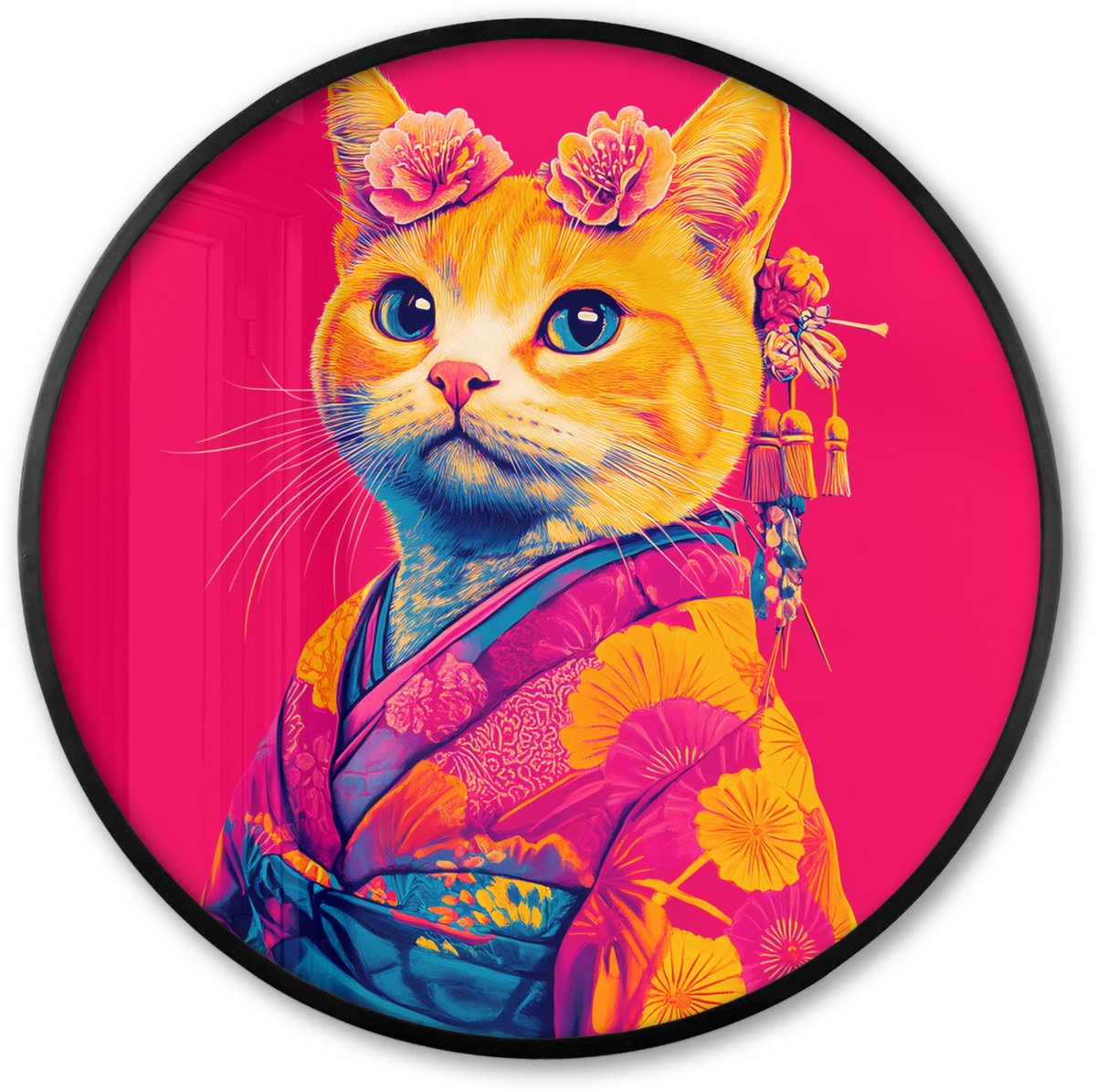 FrameYourWall Poster in lijst Rond - Fotolijst 80x80 cm - Posters - Kat - Kimono - Bloemen - Roze - Ronde posterlijst zwart - Decoratie - Wanddecoratie woonkamer - Muurdecoratie slaapkamer