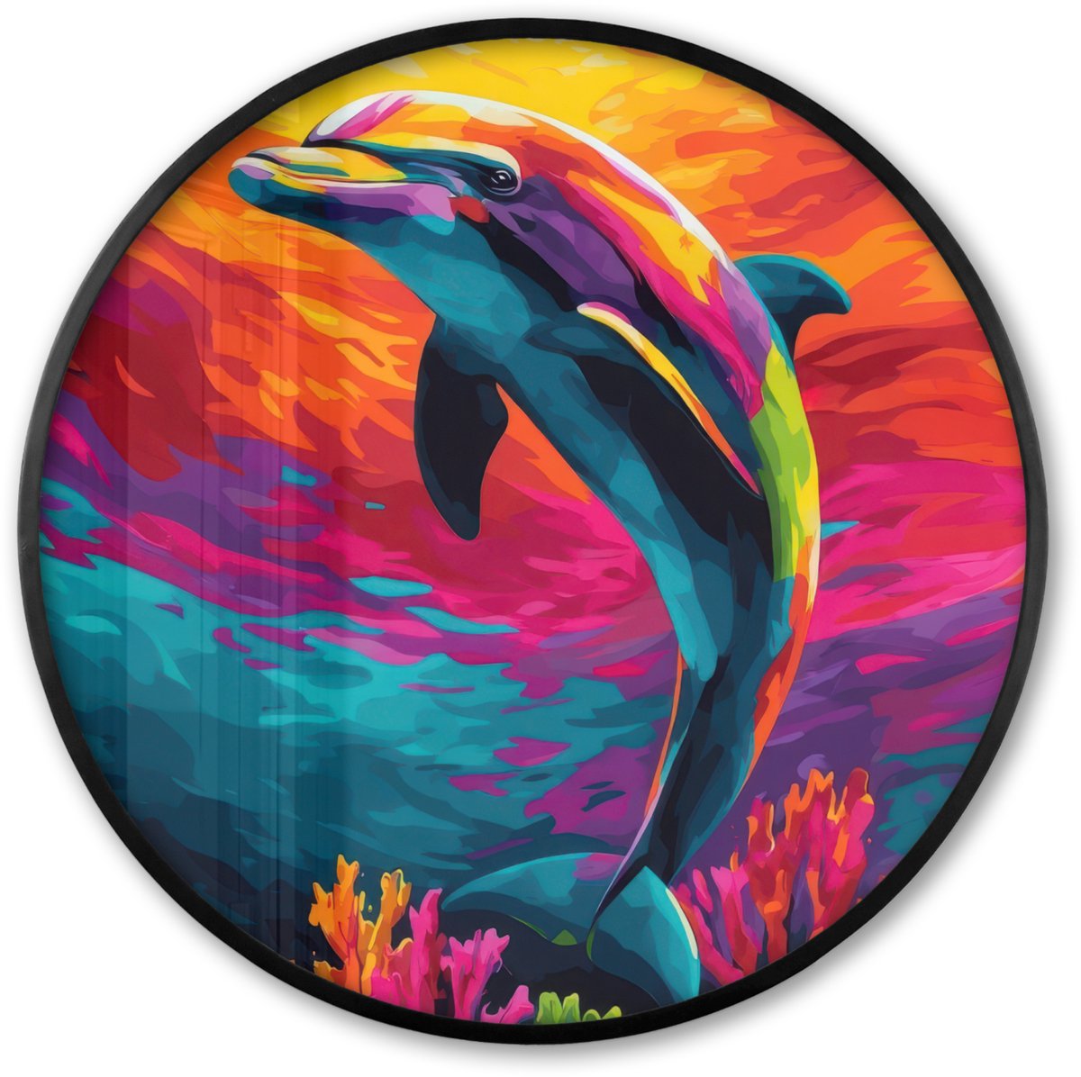 FrameYourWall Poster in lijst Rond - Fotolijst 60x60 cm - Posters - Dolfijn - Kleurrijk - Oceaan - Koraal - Ronde posterlijst zwart - Decoratie - Wanddecoratie woonkamer - Muurdecoratie slaapkamer