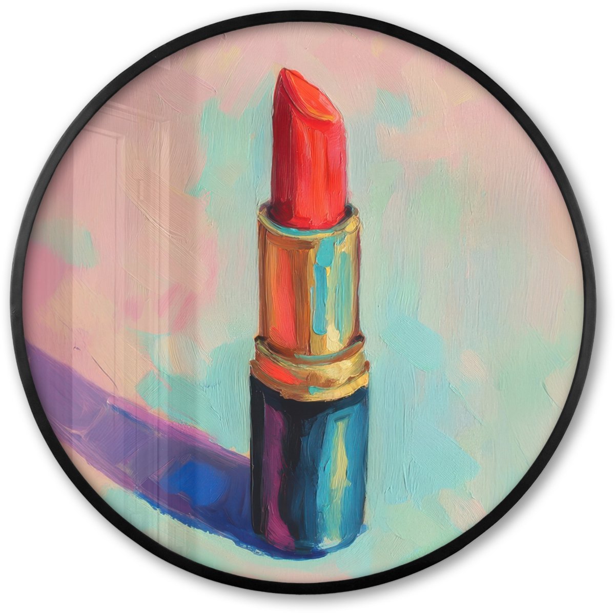 FrameYourWall Poster in lijst Rond - Fotolijst 60x60 cm - Posters - Lippenstift - Rood - Penseelstreken - Ronde posterlijst zwart - Decoratie - Wanddecoratie woonkamer - Muurdecoratie slaapkamer
