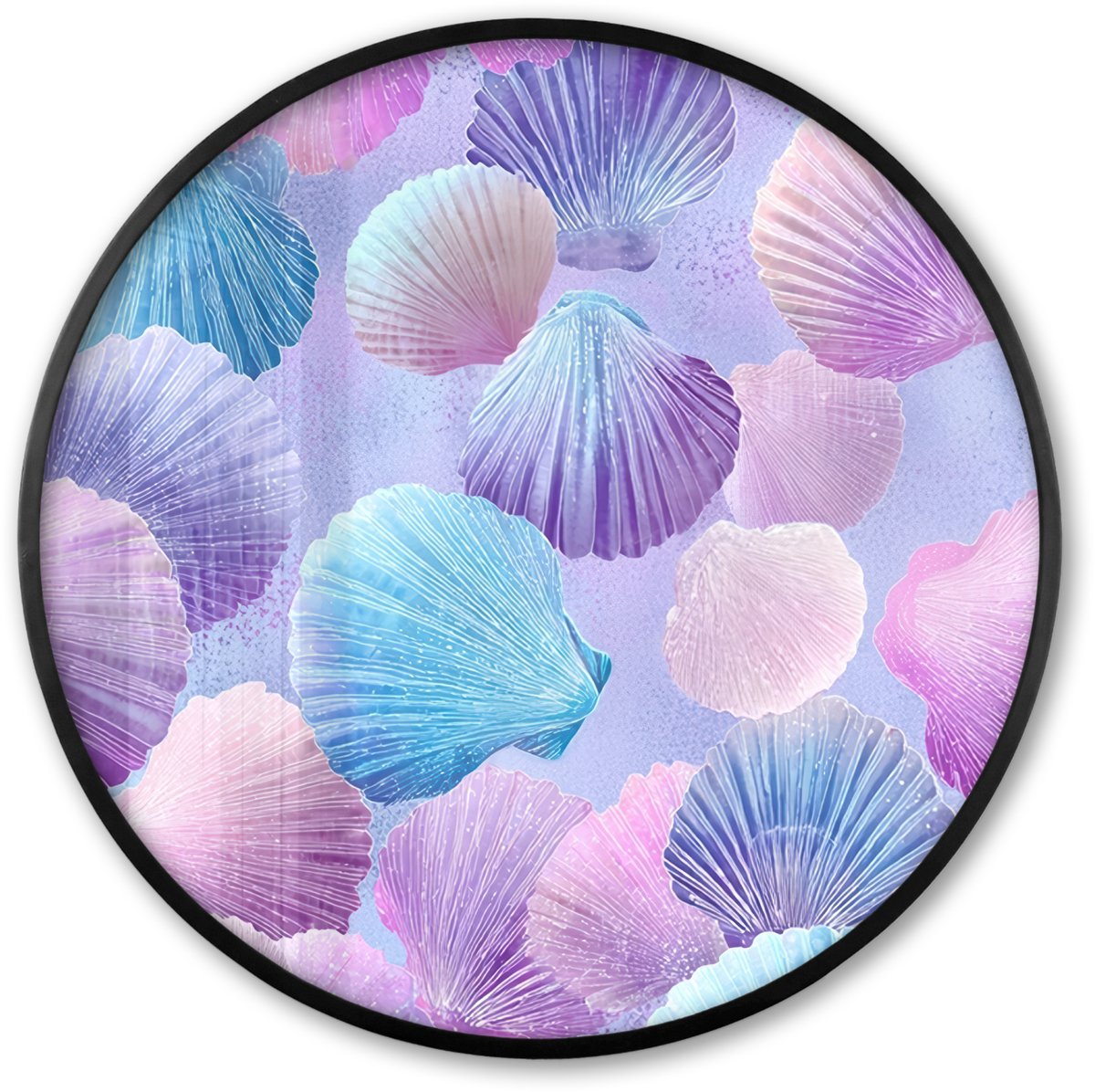 FrameYourWall Poster in lijst Rond - Fotolijst 80x80 cm - Posters - Schelpen - Paars - Blauw - Patroon - Ronde posterlijst zwart - Decoratie - Wanddecoratie woonkamer - Muurdecoratie slaapkamer