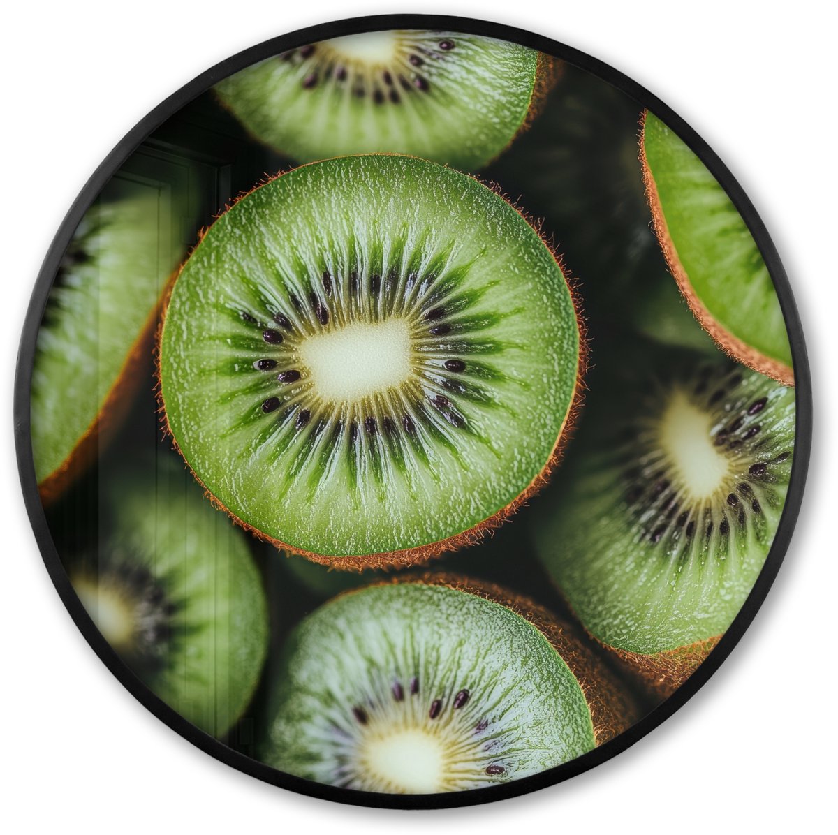 FrameYourWall Poster in lijst Rond - Fotolijst 80x80 cm - Posters - Kiwi - Fruit - Groen - Ronde posterlijst zwart - Decoratie - Wanddecoratie woonkamer - Muurdecoratie slaapkamer