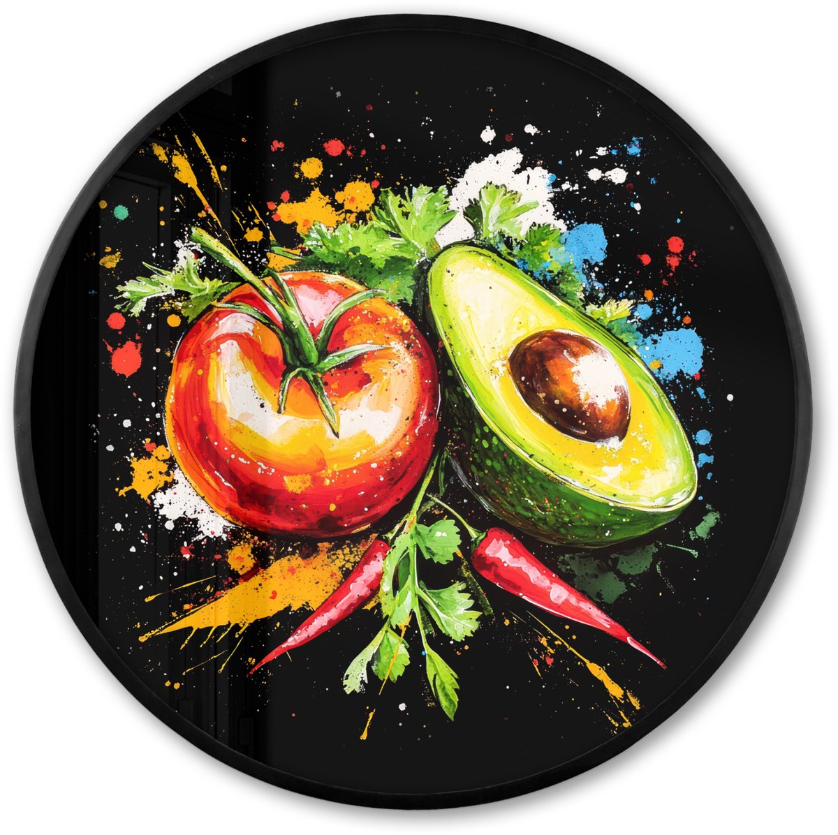 FrameYourWall Poster in lijst Rond - Fotolijst 80x80 cm - Posters - Tomaat - Avocado - Peper - Graffiti - Verf - Modern - Ronde posterlijst zwart - Decoratie - Wanddecoratie woonkamer - Muurdecoratie slaapkamer Graffiti - Groente