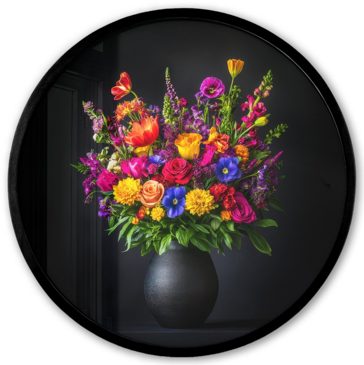 FrameYourWall Poster in lijst Rond - Fotolijst 40x40 cm - Posters - Felgekleurd - Bloemen - Vaas - Ronde posterlijst zwart - Decoratie - Wanddecoratie woonkamer - Muurdecoratie slaapkamer Boeket - Bloemen 3