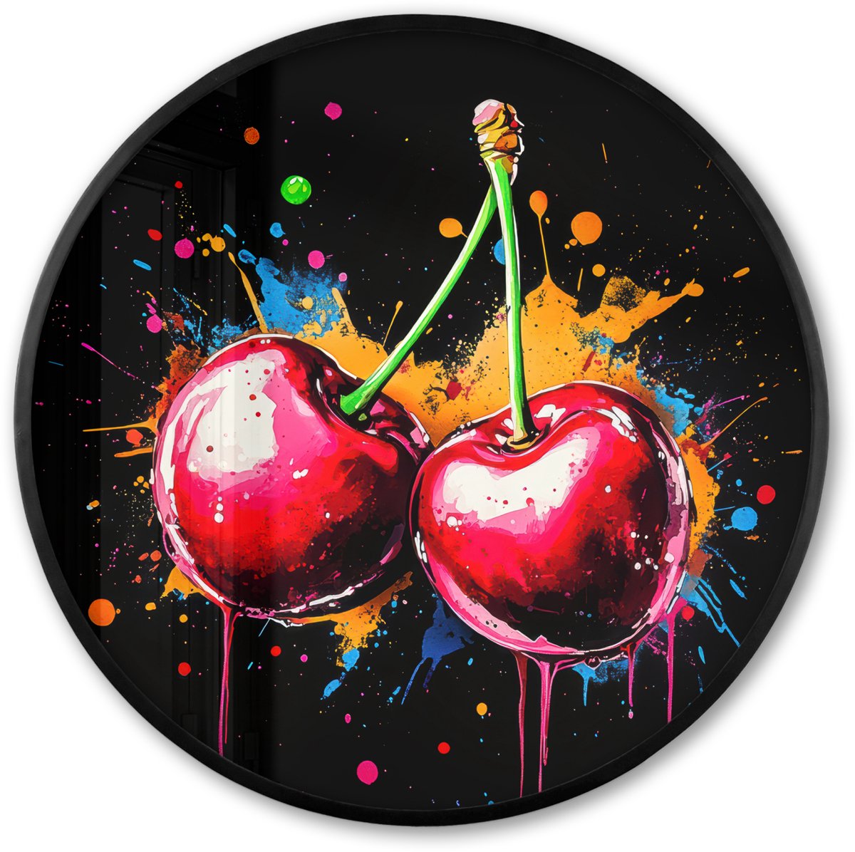 FrameYourWall Poster in lijst Rond - Fotolijst 80x80 cm - Posters - Kersen - Fruit - Graffiti - Verf - Abstract - Modern - Kleurrijk - Ronde posterlijst zwart - Decoratie - Wanddecoratie woonkamer - Muurdecoratie slaapkamer Graffiti - Kersen