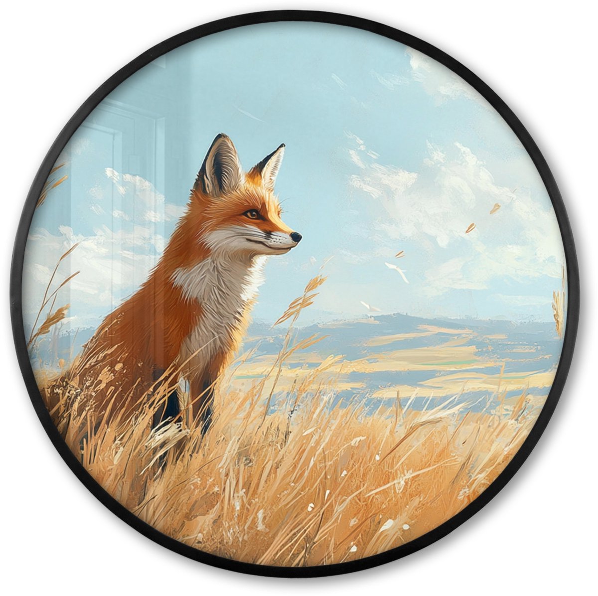 FrameYourWall Poster in lijst Rond - Fotolijst 60x60 cm - Posters - Vos - Gras - Wolken - Oranje - Ronde posterlijst zwart - Decoratie - Wanddecoratie woonkamer - Muurdecoratie slaapkamer Vos - Natuur