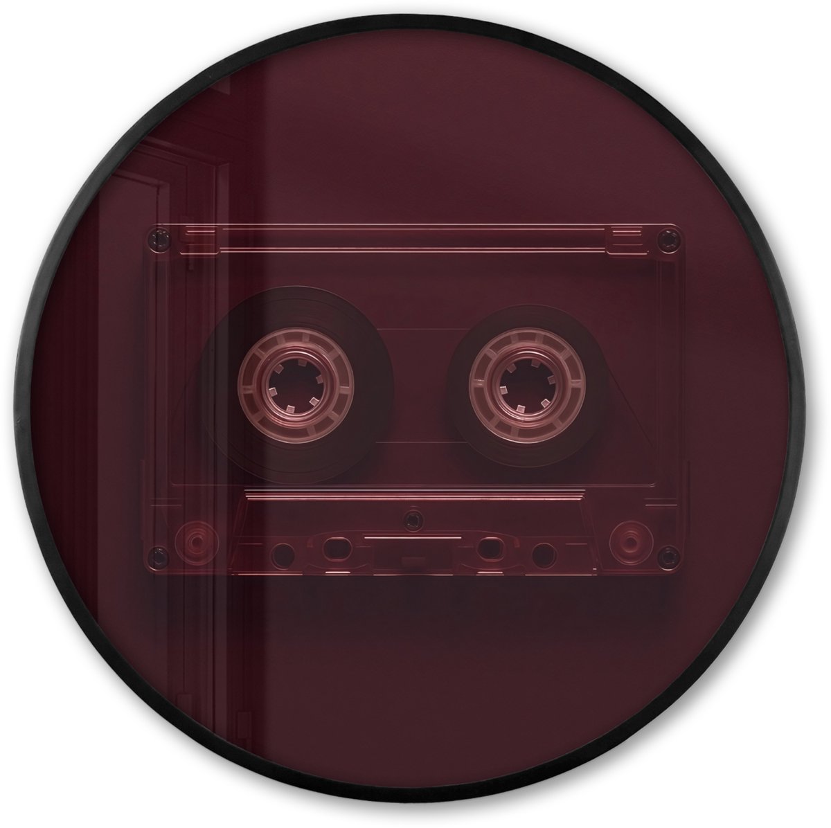 FrameYourWall Poster in lijst Rond - Fotolijst 60x60 cm - Posters - Cassetteband - Bordeaux - Vintage - Ronde posterlijst zwart - Decoratie - Wanddecoratie woonkamer - Muurdecoratie slaapkamer Cassetteband - Vintage