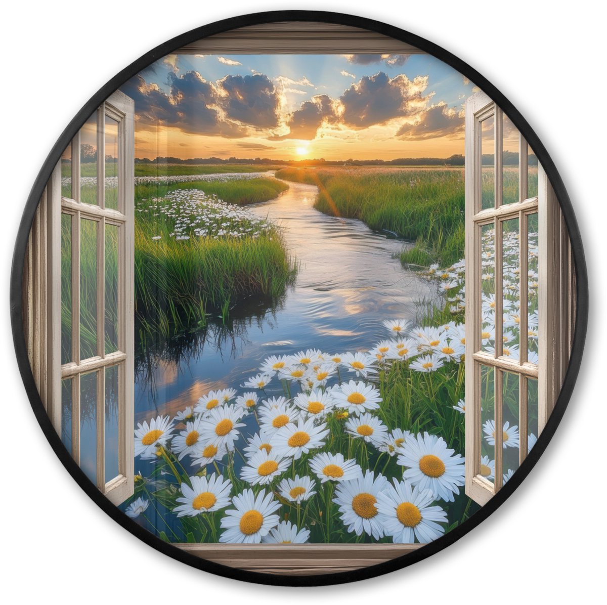 FrameYourWall Poster in lijst Rond - Fotolijst 60x60 cm - Posters - Doorkijk - Landschap - Raam - Water - Zonsondergang - Ronde posterlijst zwart - Decoratie - Wanddecoratie woonkamer - Muurdecoratie slaapkamer Landschap - Water